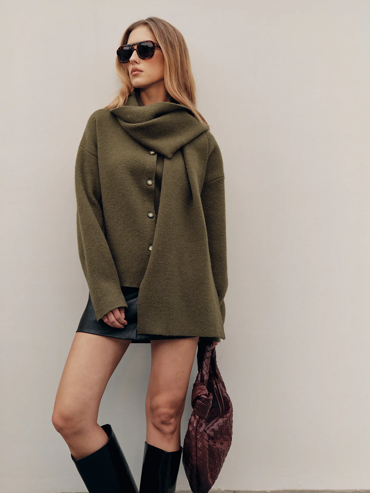 Button-Front Knit Cardigan with Scarf Detail - Wholesalesil