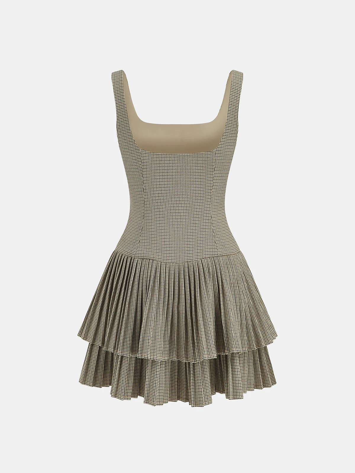 Square Neck Pleated Gingham Tiered Dress - Wholesalesil