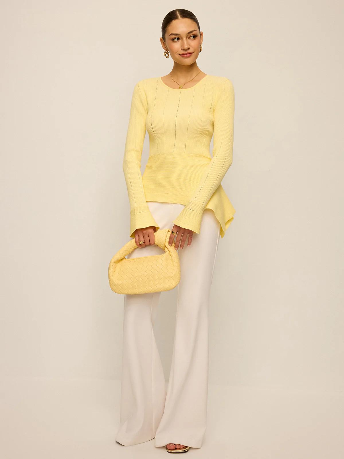 Asymmetric Hem Flare Sleeve Eyelet Sweater - Wholesalesil