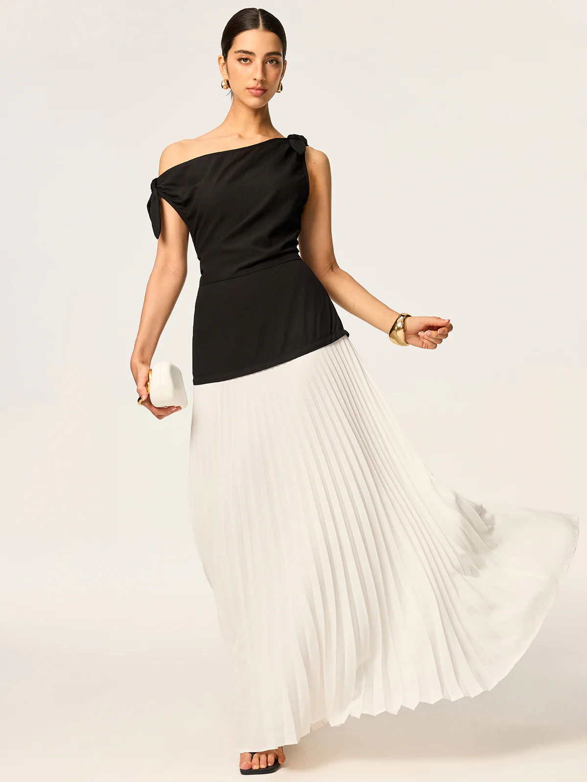 Asymmetric Pleated Maxi Dress with Bow Detail - Wholesalesil