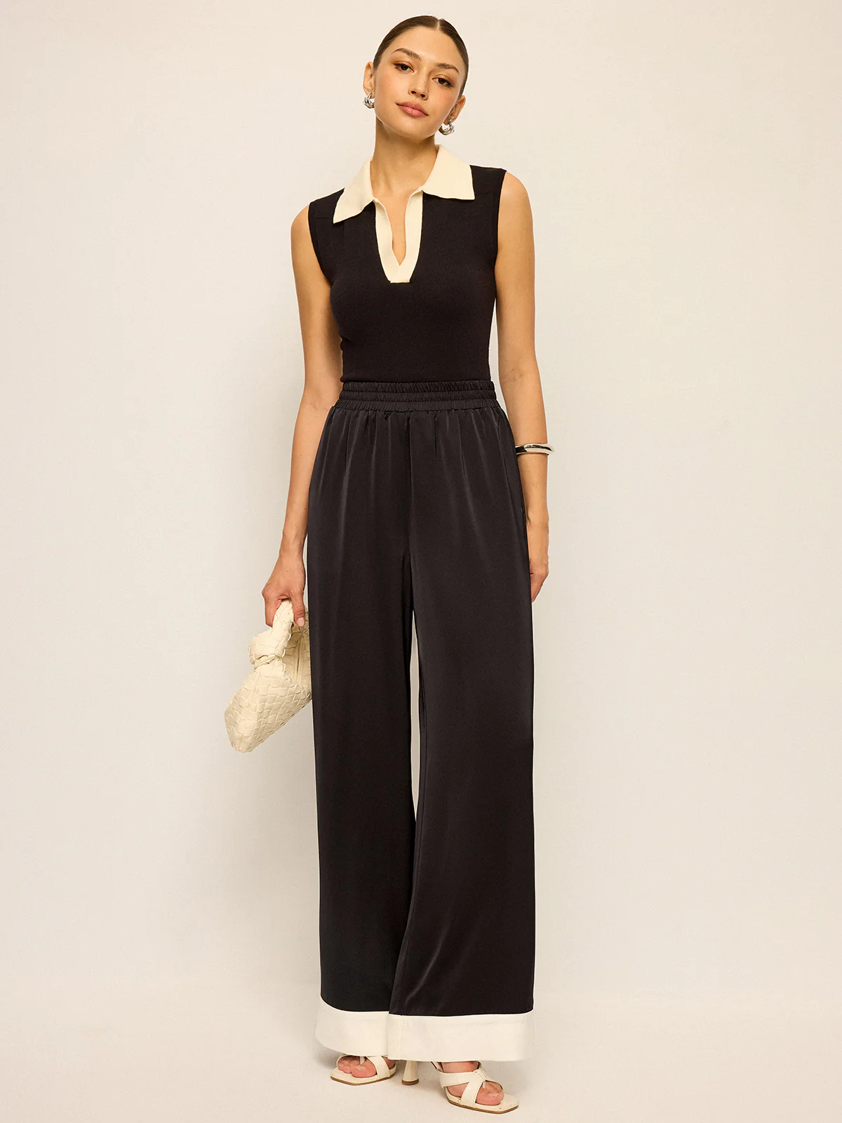Satin Wide-Leg Pants with Contrast Cuffs - Wholesalesil