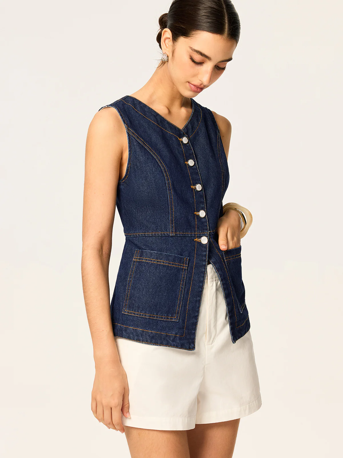Denim Slim Button Sleeveless Vest - Wholesalesil