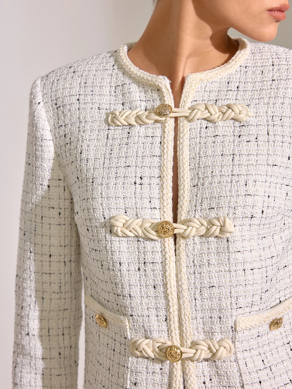 Metal Detail Knot Button Tweed Jacket - Wholesalesil