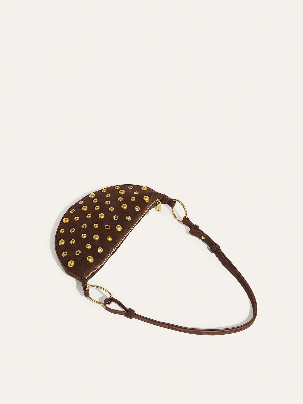 Suede Effect Studded Half-Moon Shoulder Bag - Wholesalesil