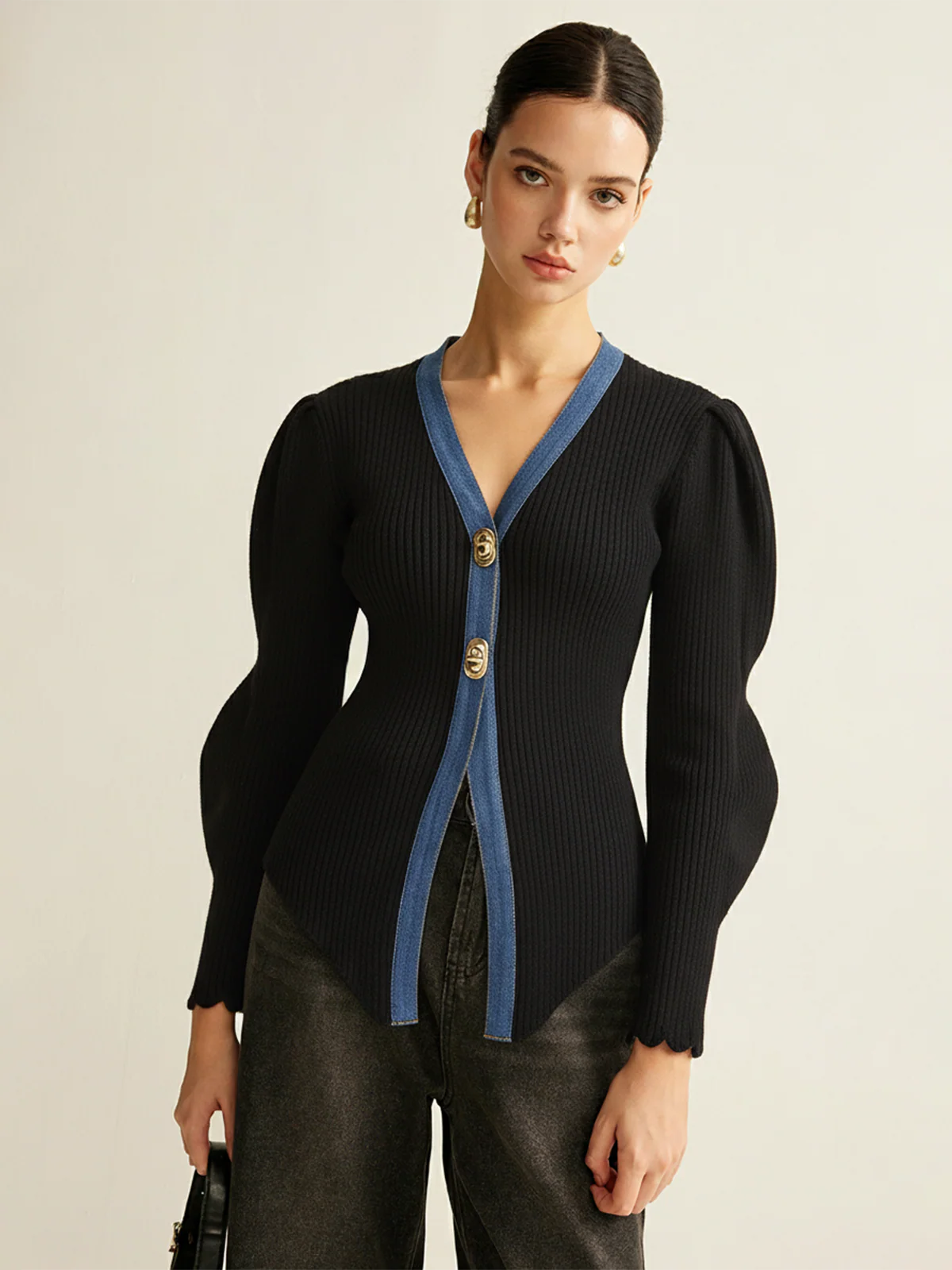 Scalloped Sleeve Denim Paneled Ribbed Cardigan - Wholesalesil