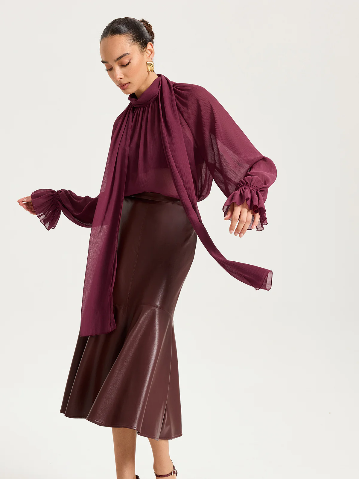 Scarf Neck Semi-Sheer Chiffon Blouse - Wholesalesil
