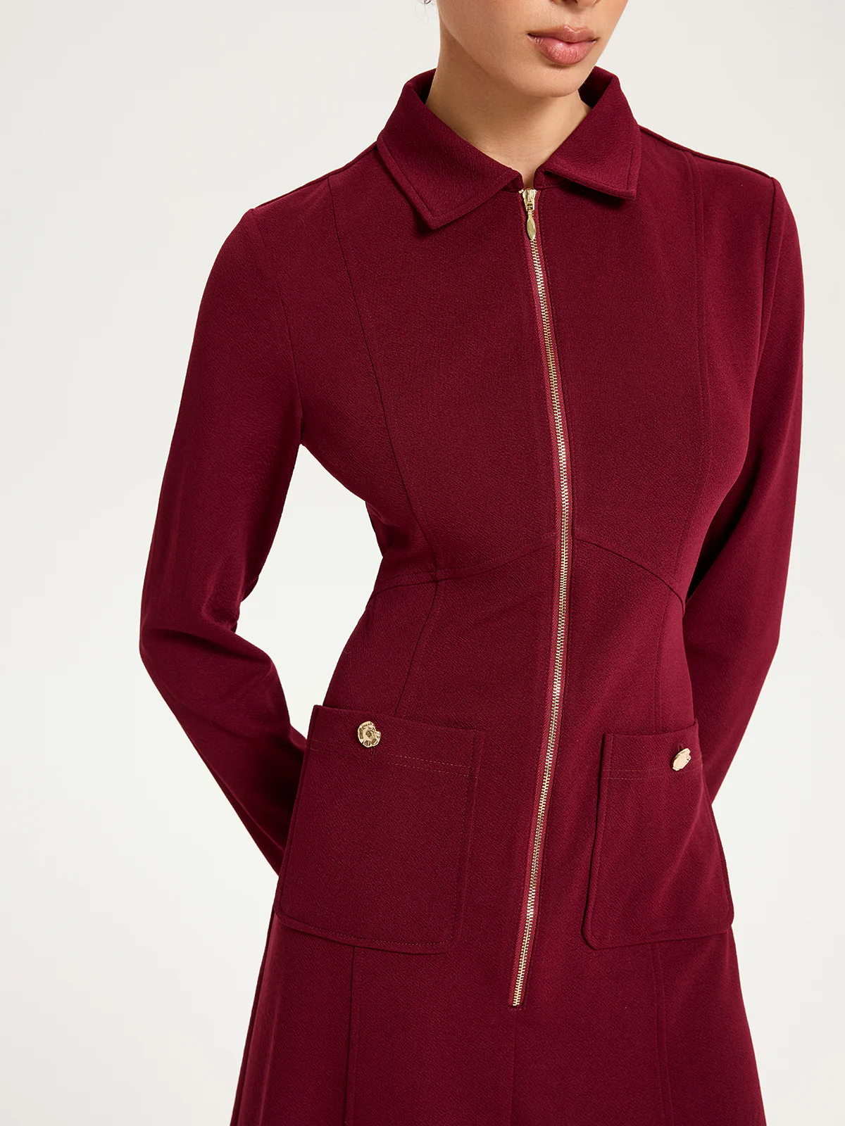 Collared Zipper Slit Midi Dress - Wholesalesil