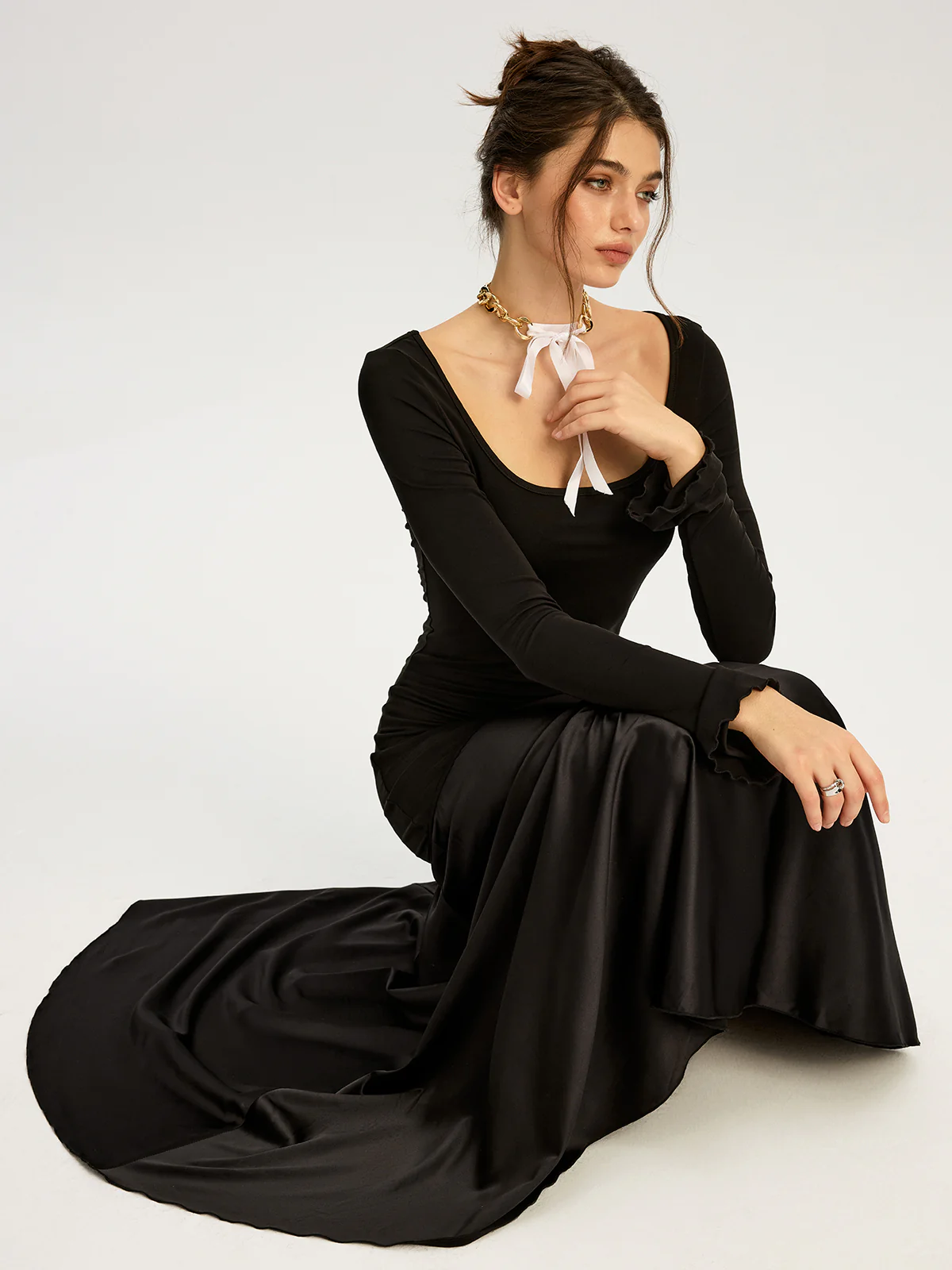 Satin Panel Jersey Sqaure Neck Long Dress - Wholesalesil