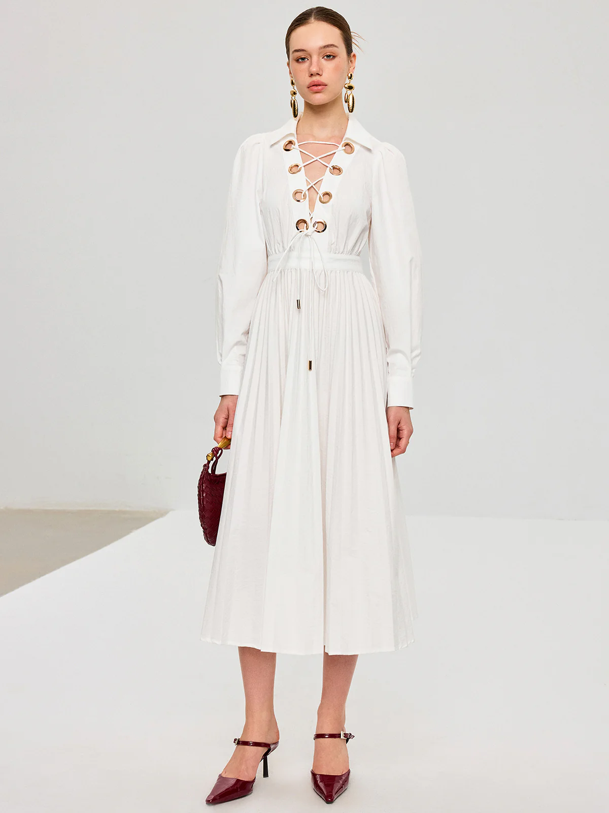 Lace-Up Pleated Midi Dress - Wholesalesil