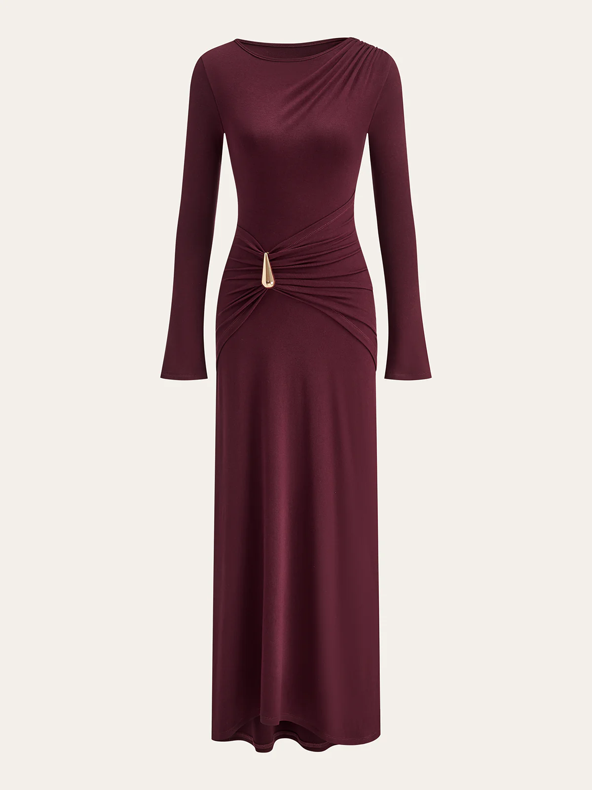 Metal Buckle Long Sleeve Ruched Maxi Dress - Wholesalesil