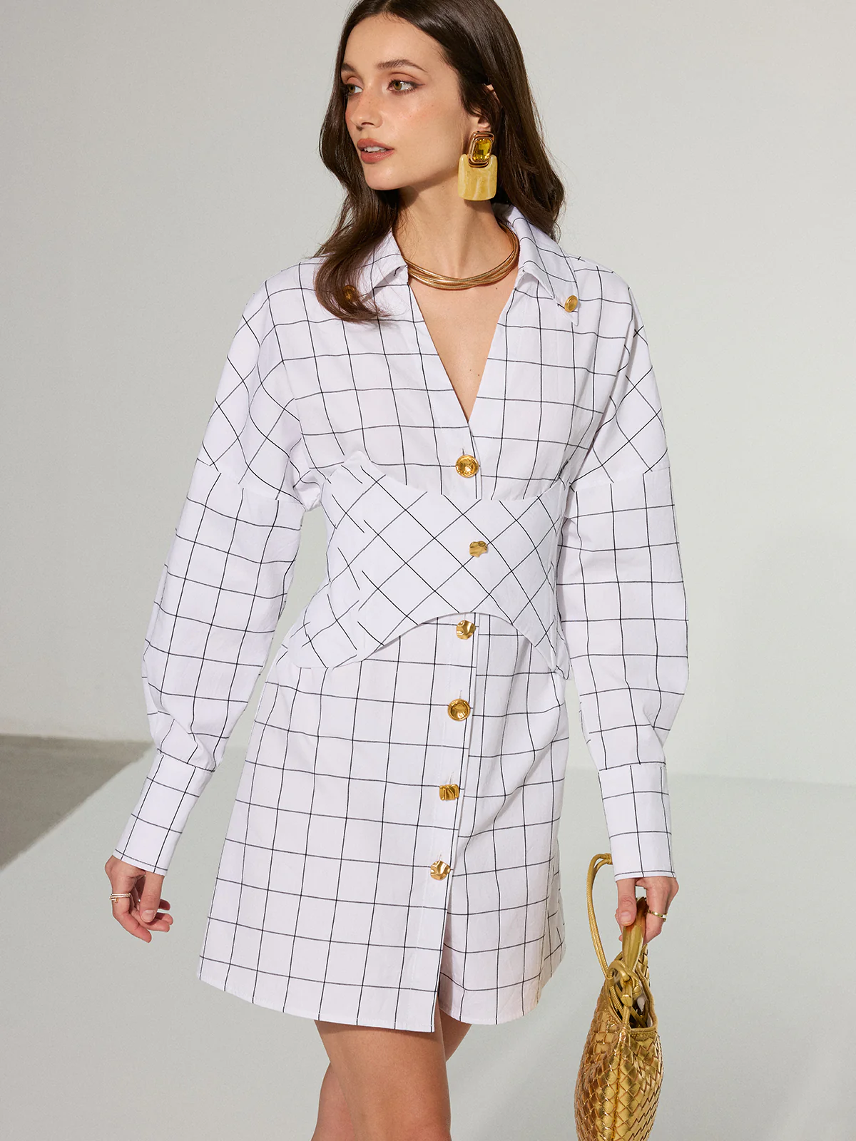 Metal Button Checked Cotton Shirt Dress - Wholesalesil