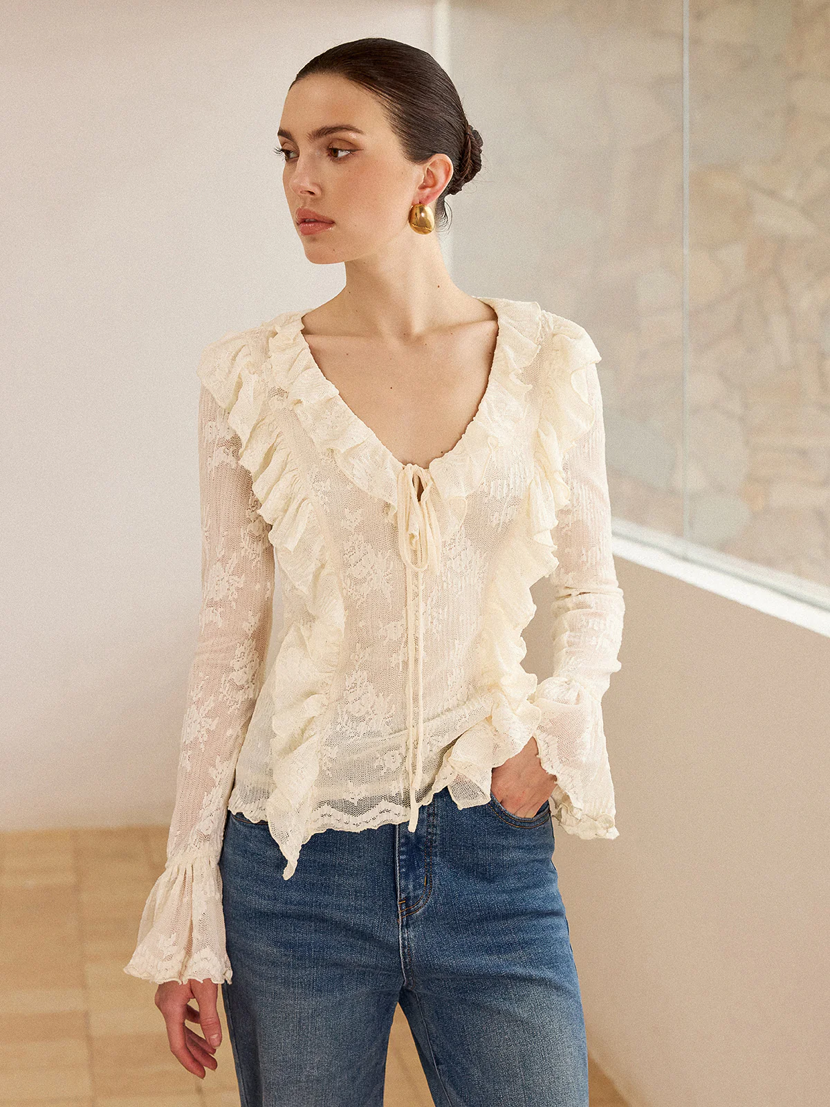 Semi-Sheer Lace Ruffle Trim V-Neck Blouse - Wholesalesil