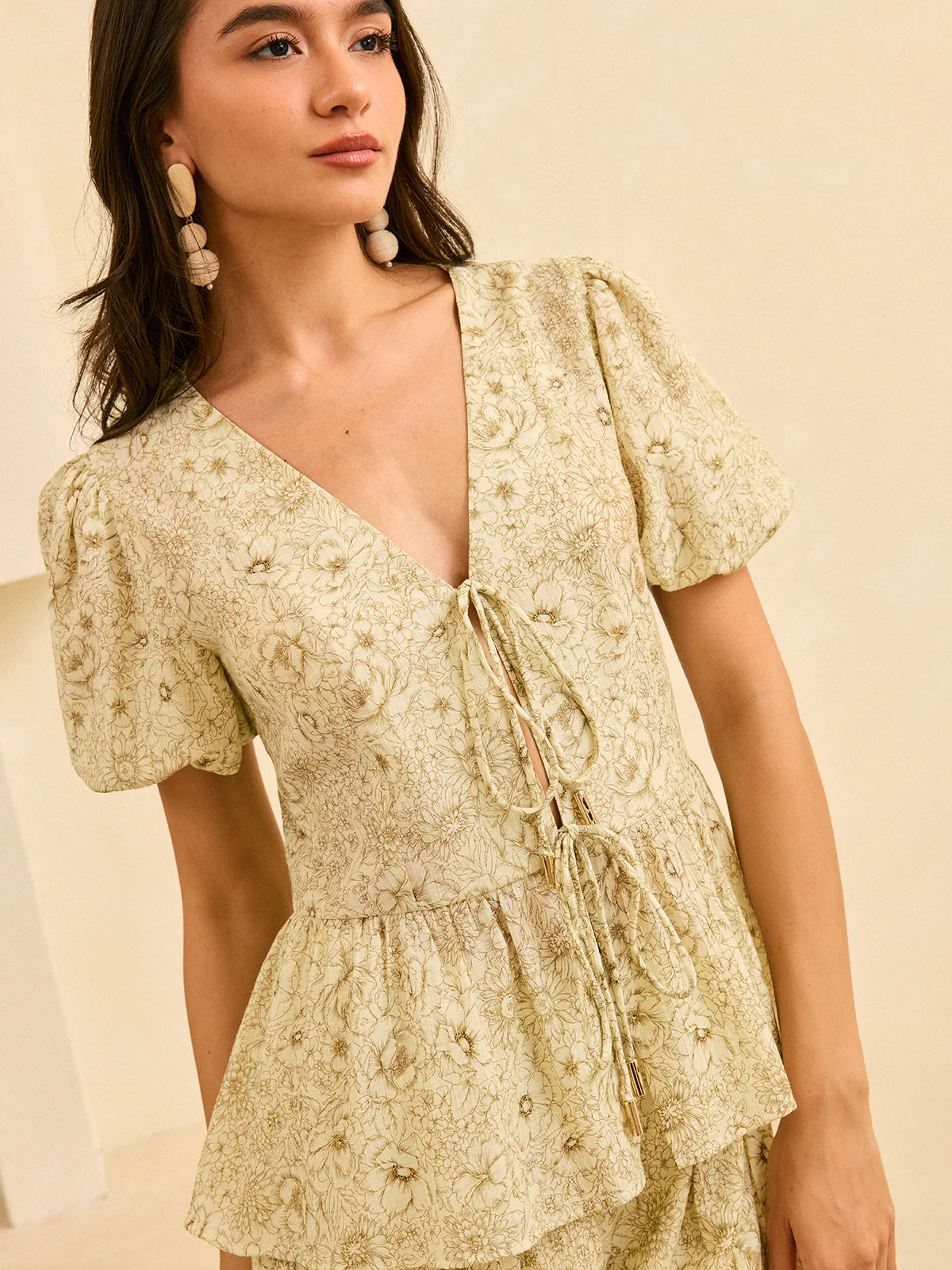 Semi-Sheer Floral Print Peplum Tie-Front Blouse - Wholesalesil