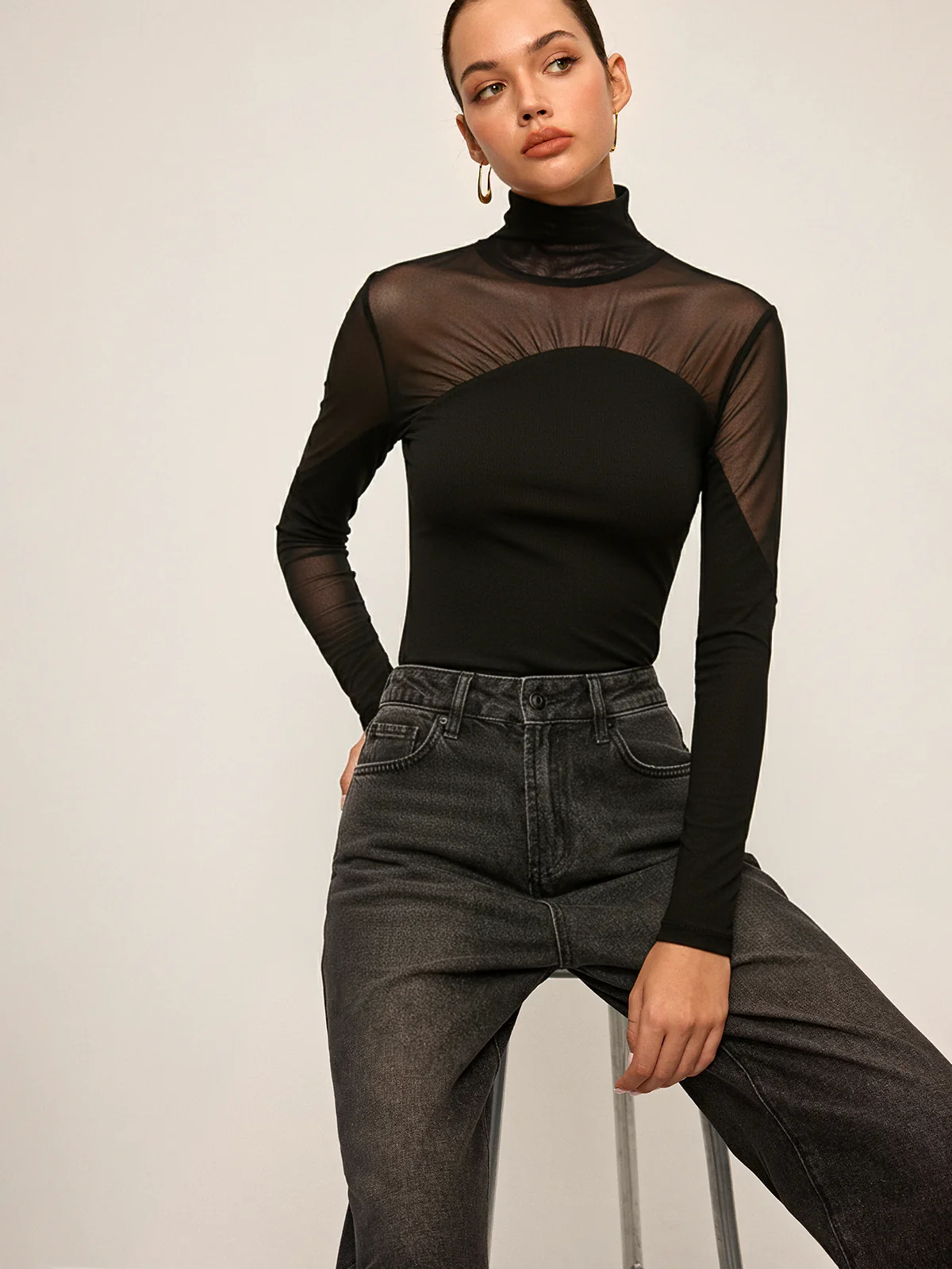 Sheer Mesh Paneled Turtleneck Top - Wholesalesil