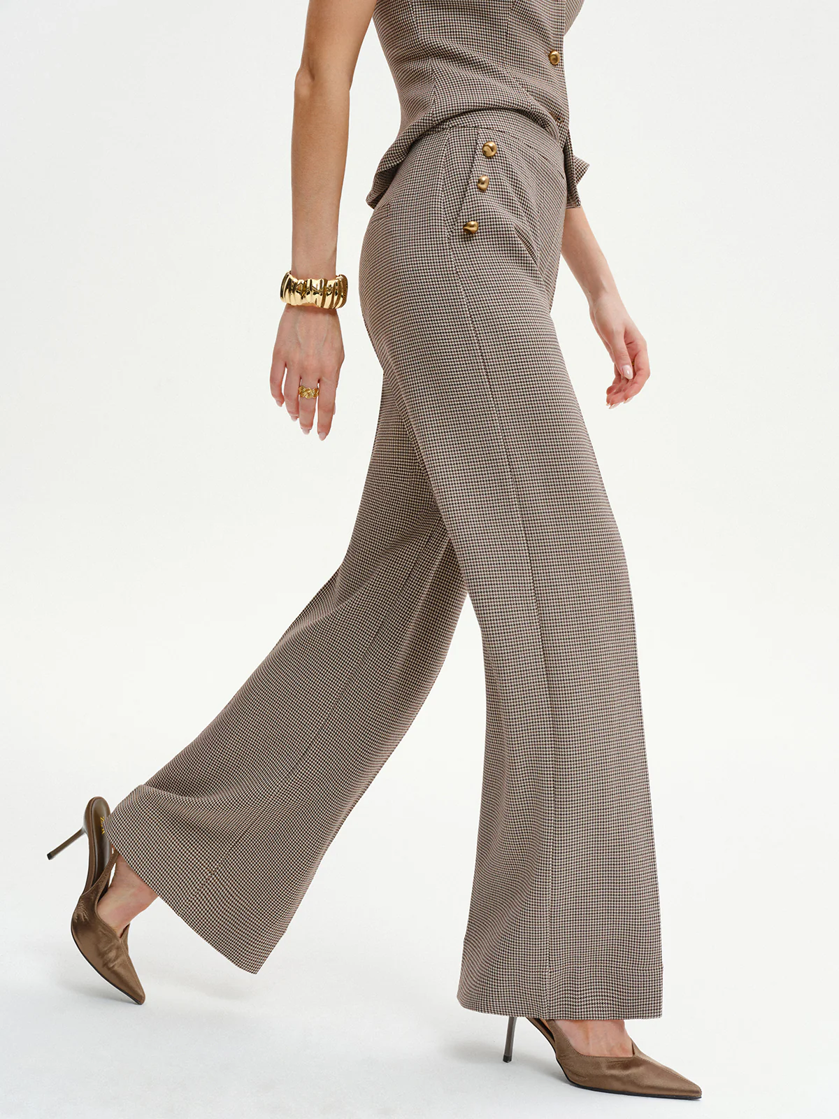 Houndstooth Metal Detail Mid-Waist Pants - Wholesalesil