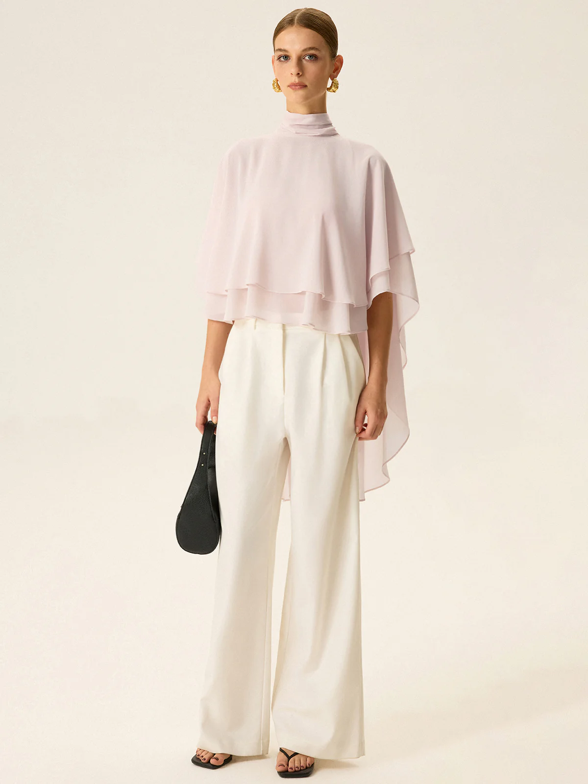 Semi-Sheer Chiffon High-Neck Tiered Cape Top - Wholesalesil