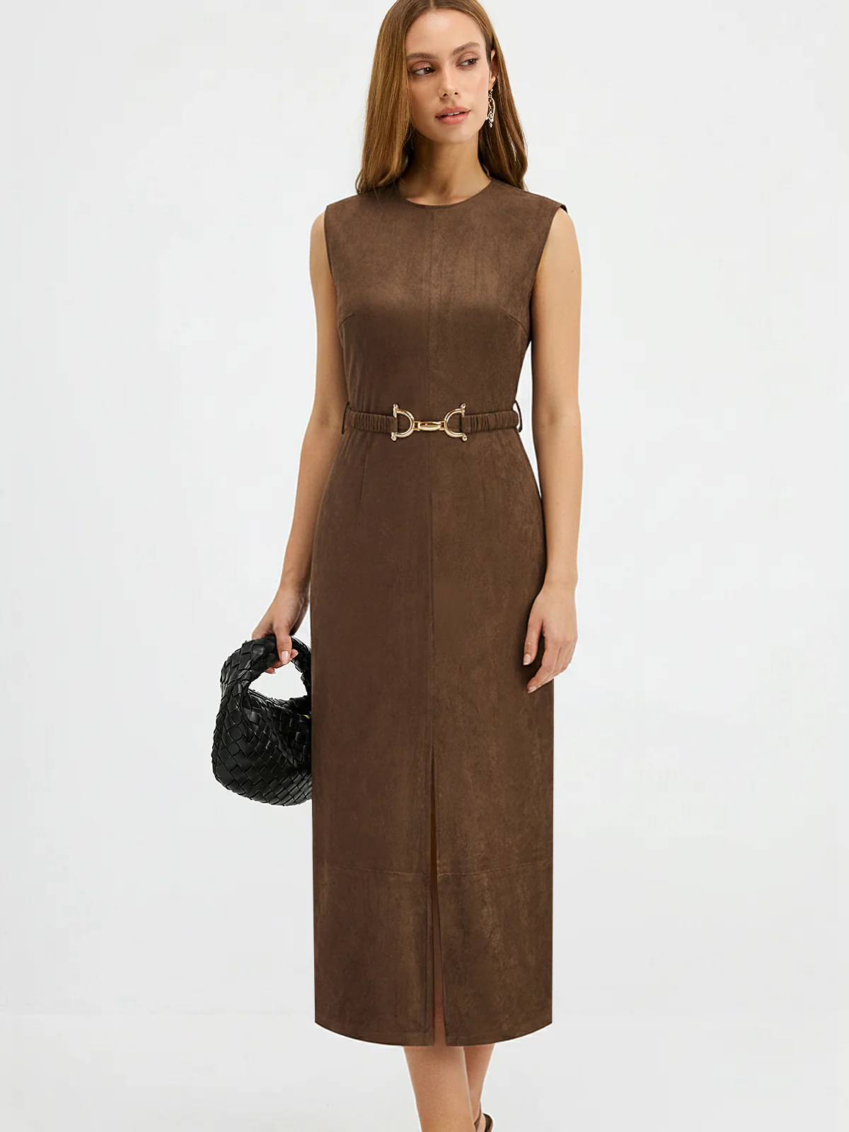 Belted Suede Effect Sleeveless Midi Dress - Wholesalesil