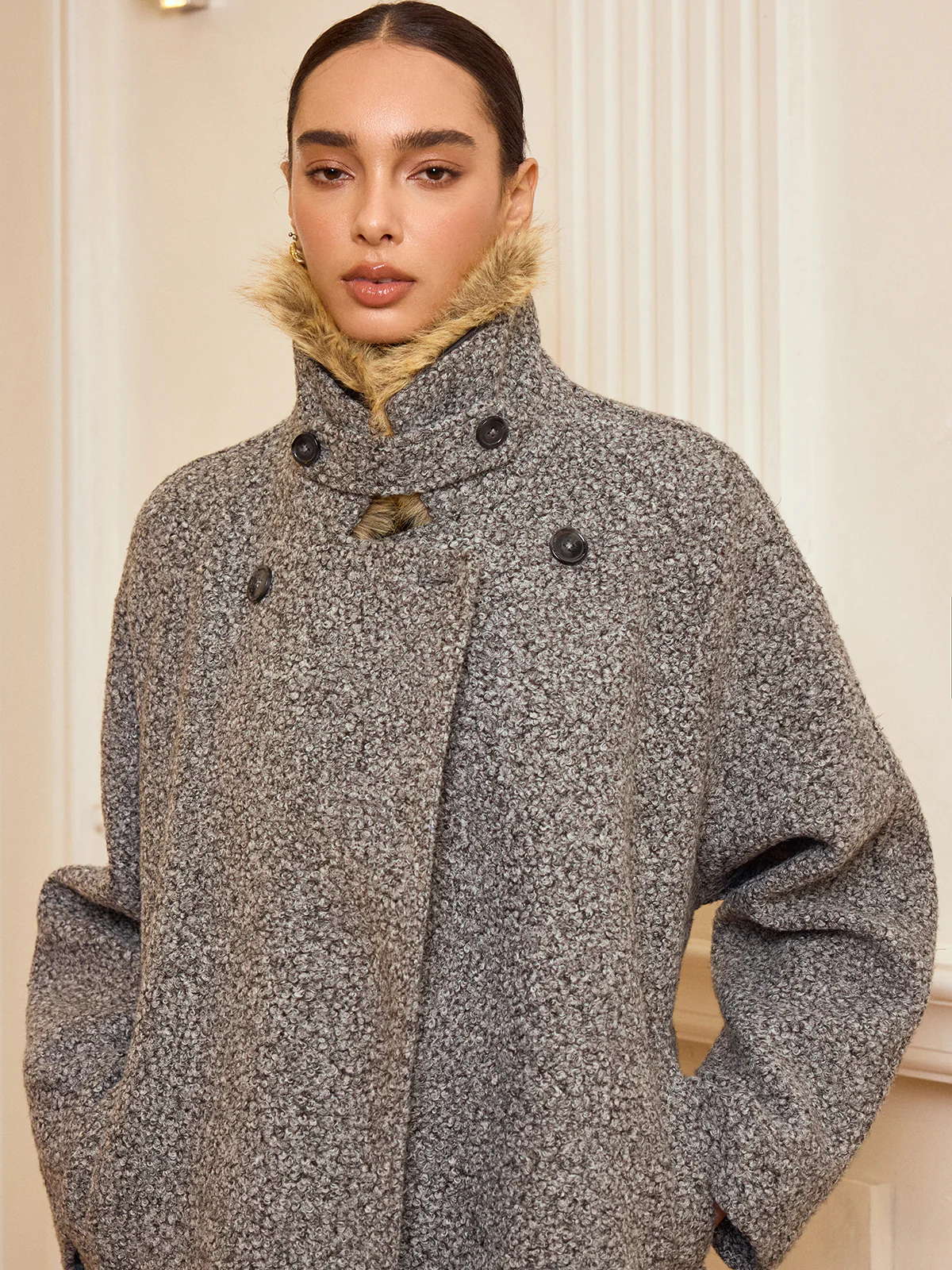 Belted Faux Fur Collar Tweed Coat - Wholesalesil