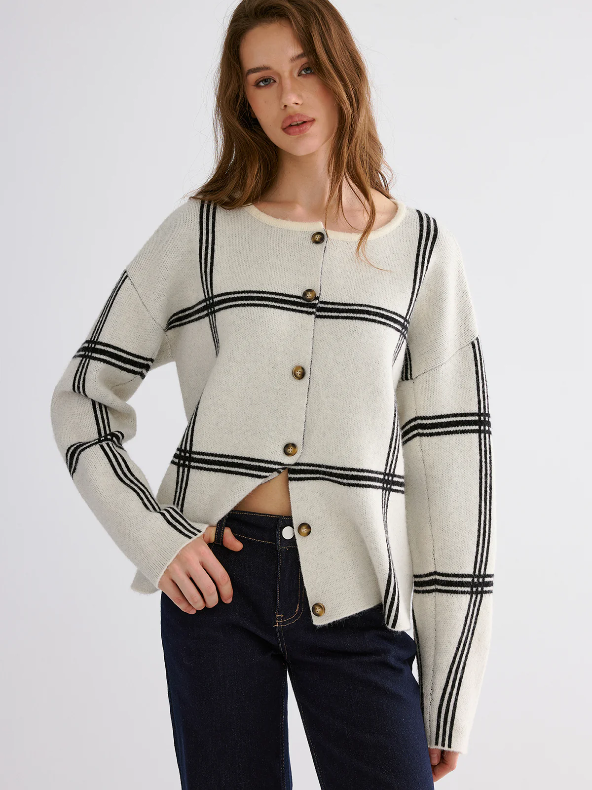 Wrap Scarf Check Print Cardigan - Wholesalesil