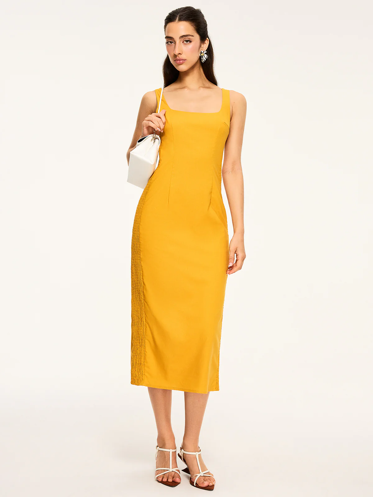 Cotton & Linen Shirred Midi Dress - Wholesalesil