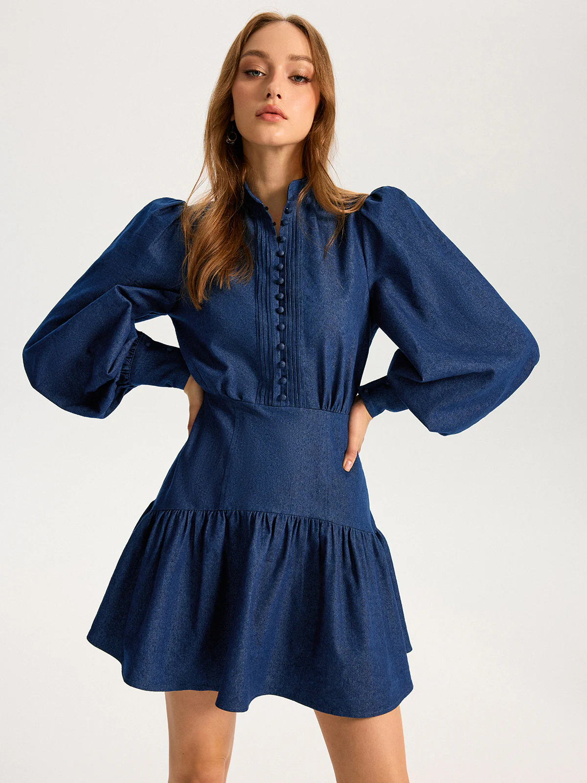 Denim Stand Collar Puff Sleeve Mini Dress - Wholesalesil