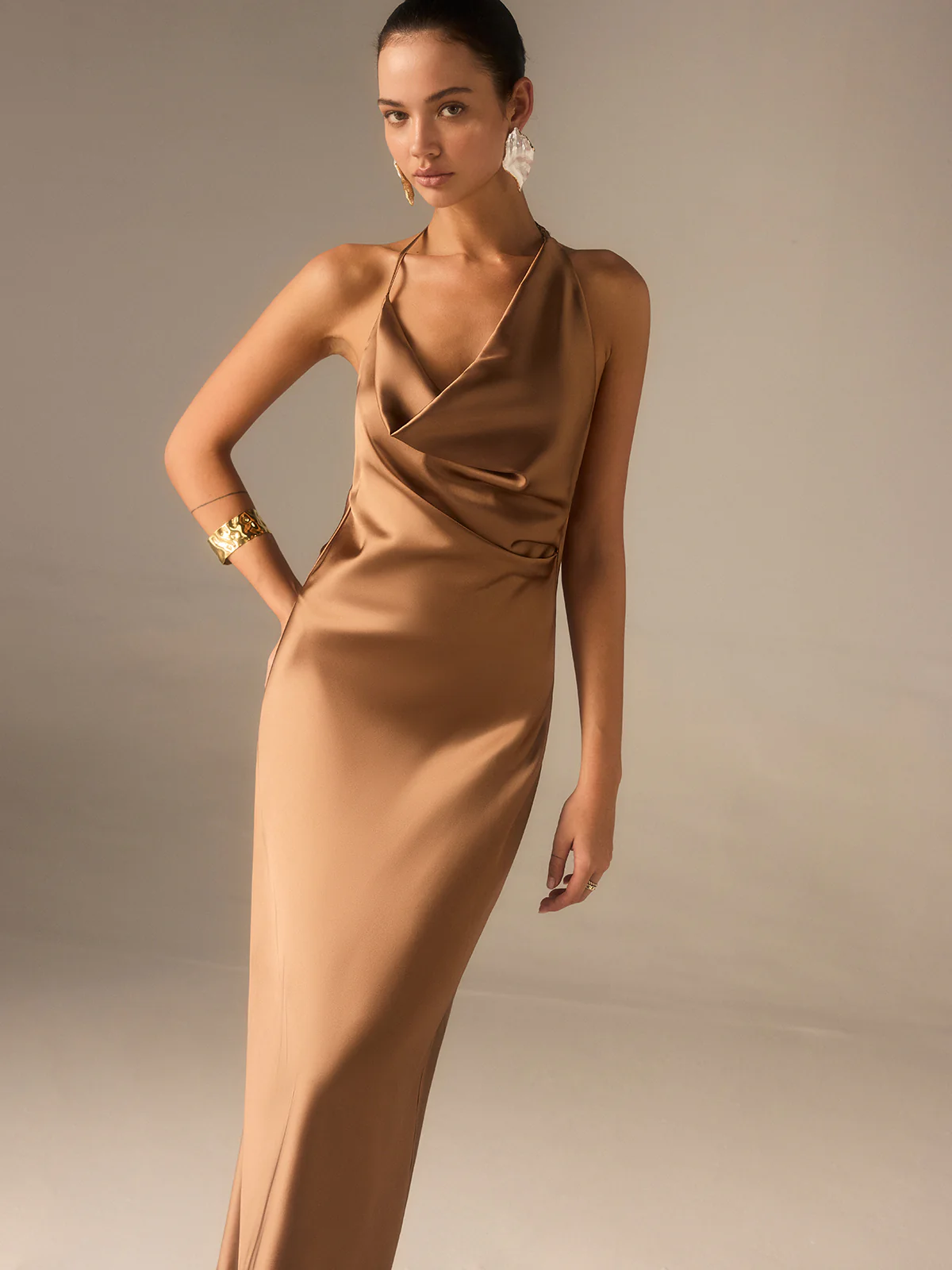 Satin Halter-Neck Backless Maxi Dress - Wholesalesil