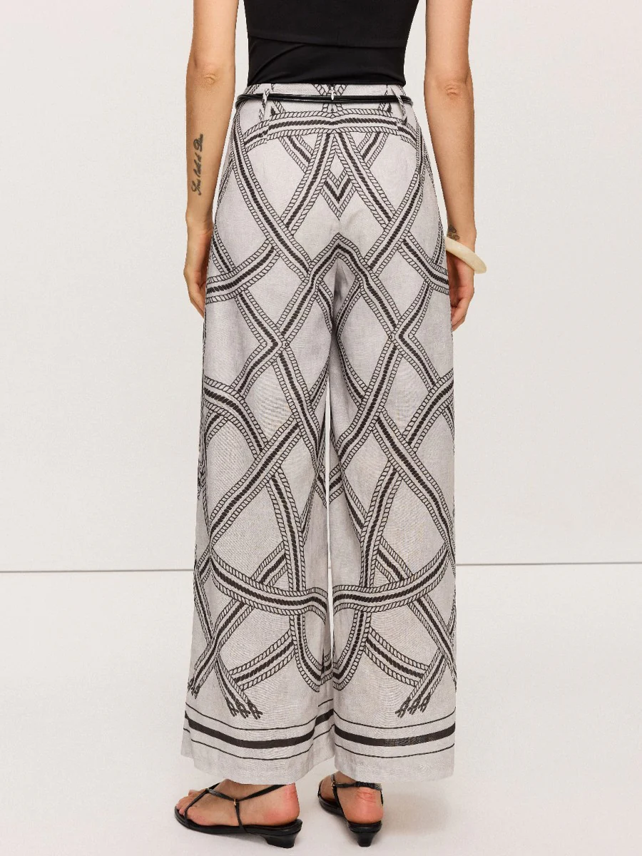 Geometric Print Belted Wide-Leg Pants - Wholesalesil
