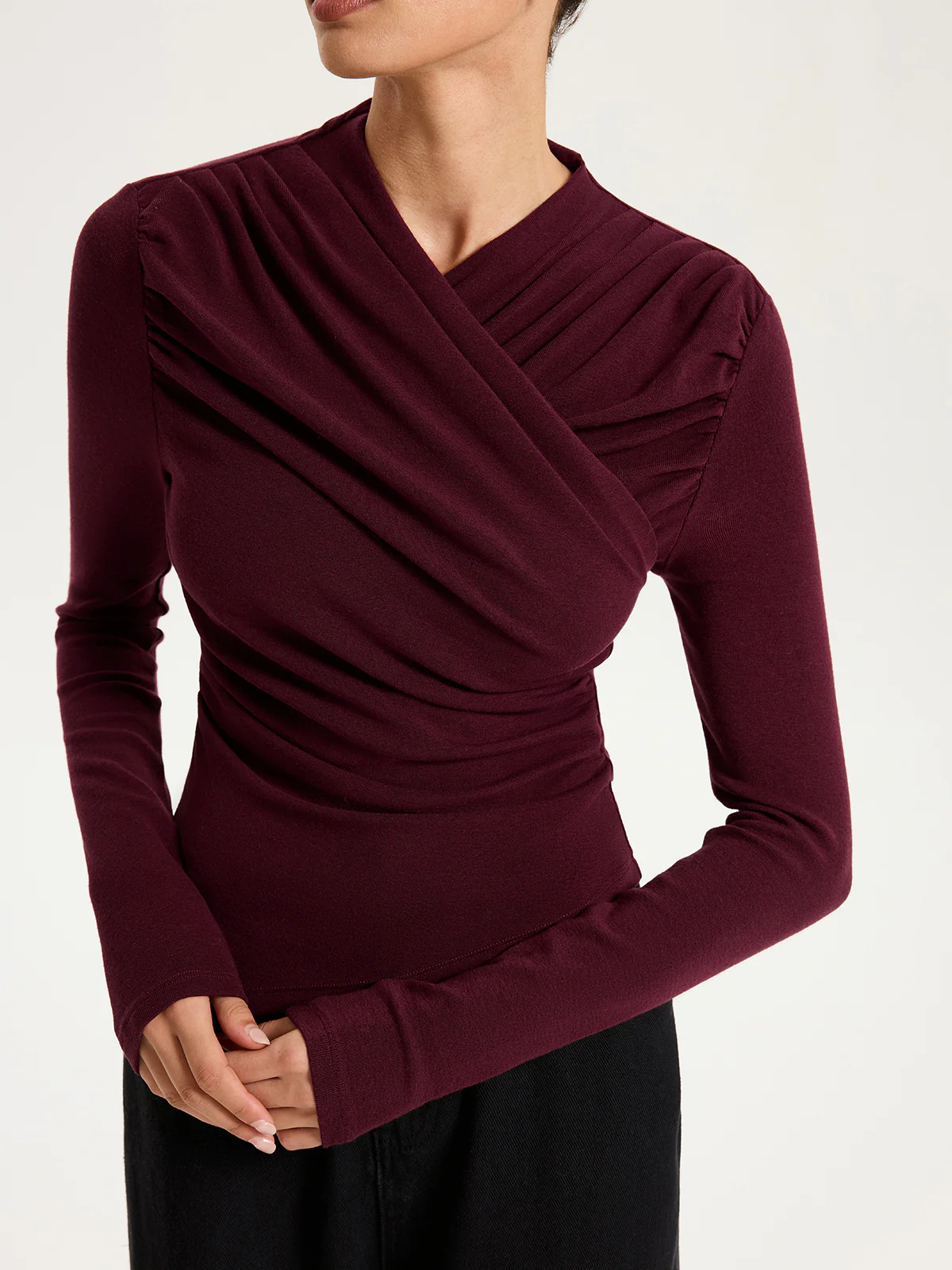 Cross Ruched Long Sleeve Top - Wholesalesil