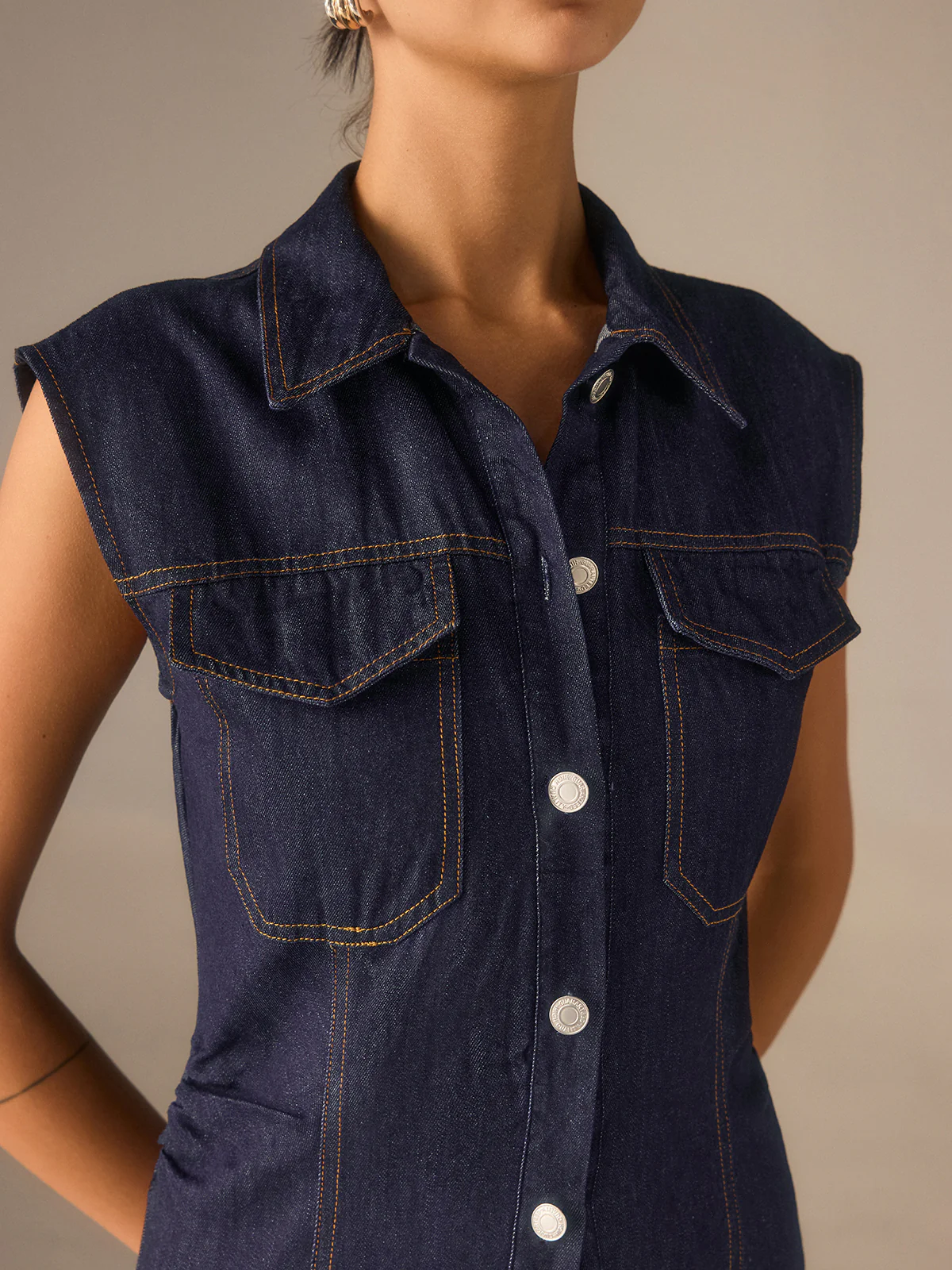 Denim Button-Front Collared Sleeveless Dress Without Belted - Wholesalesil