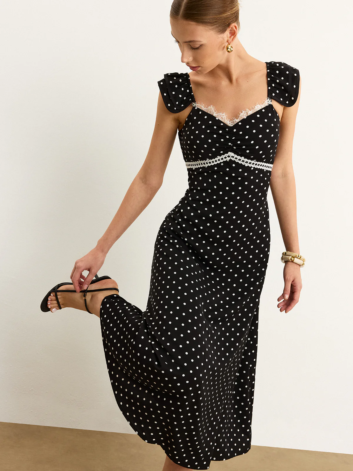 Polka Dot Lace Trim Midi Dress - Wholesalesil