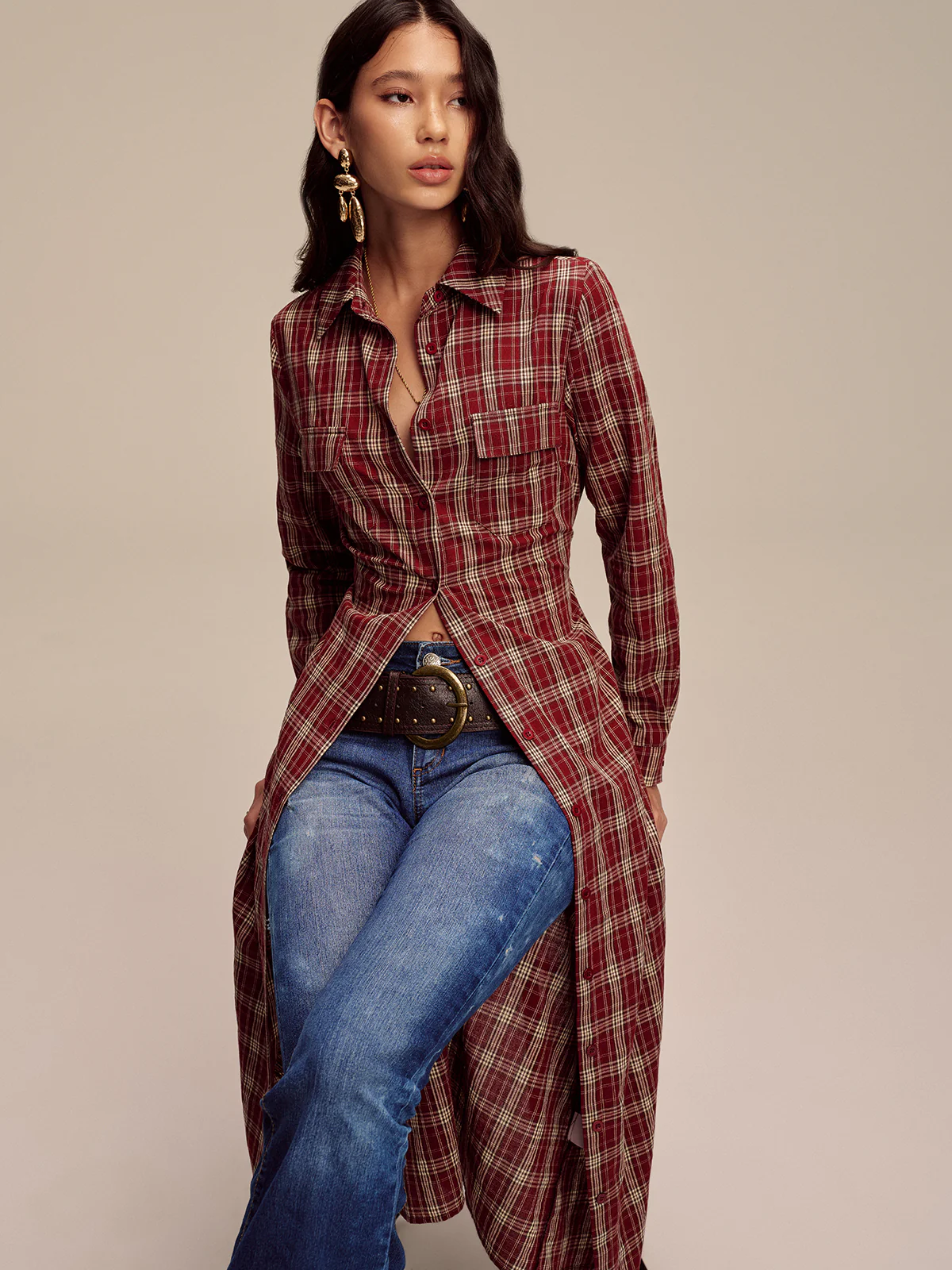 Plaid Button Front Shirt Dress - Wholesalesil