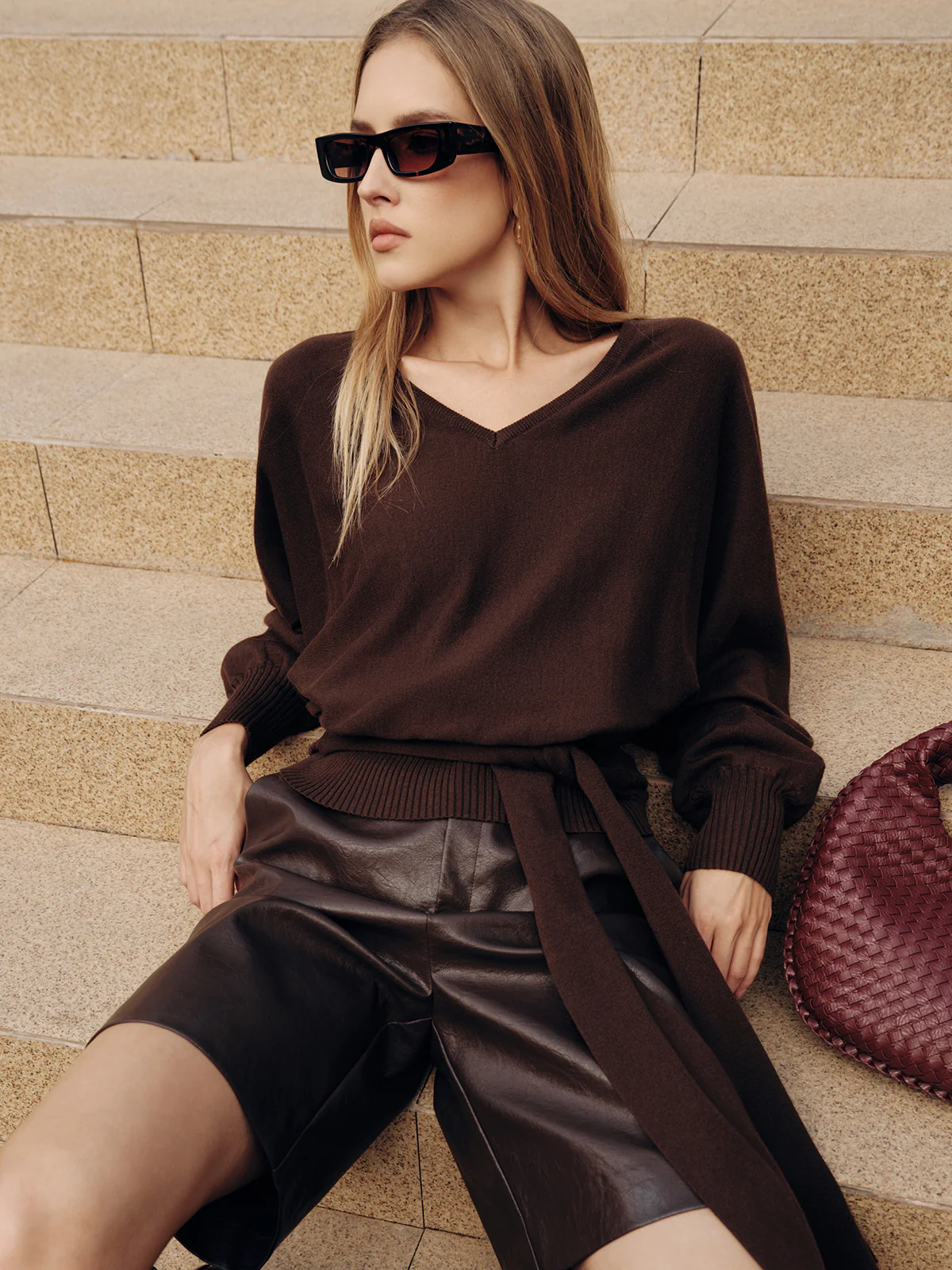 Tie-Waist V-Neck Wool-Blend Sweater - Wholesalesil