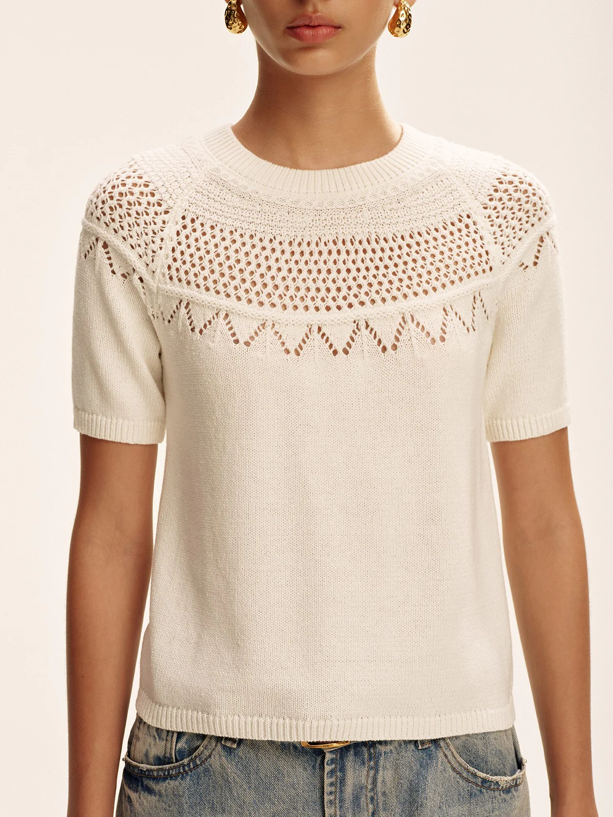 Short-Sleeve Eyelet Knit Sweater - Wholesalesil