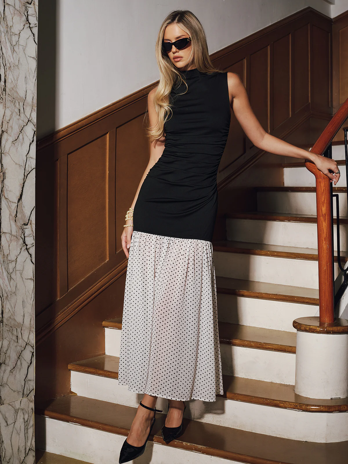 Polka Dot Hem Panel Sleeveless Ruched Maxi Dress - Wholesalesil