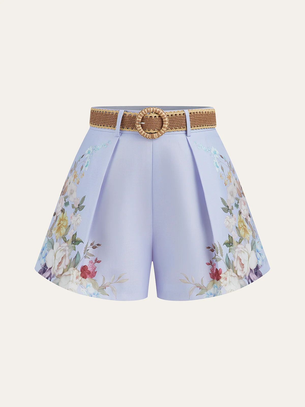 Floral Printed Belted Mid-Waist Shorts - Wholesalesil