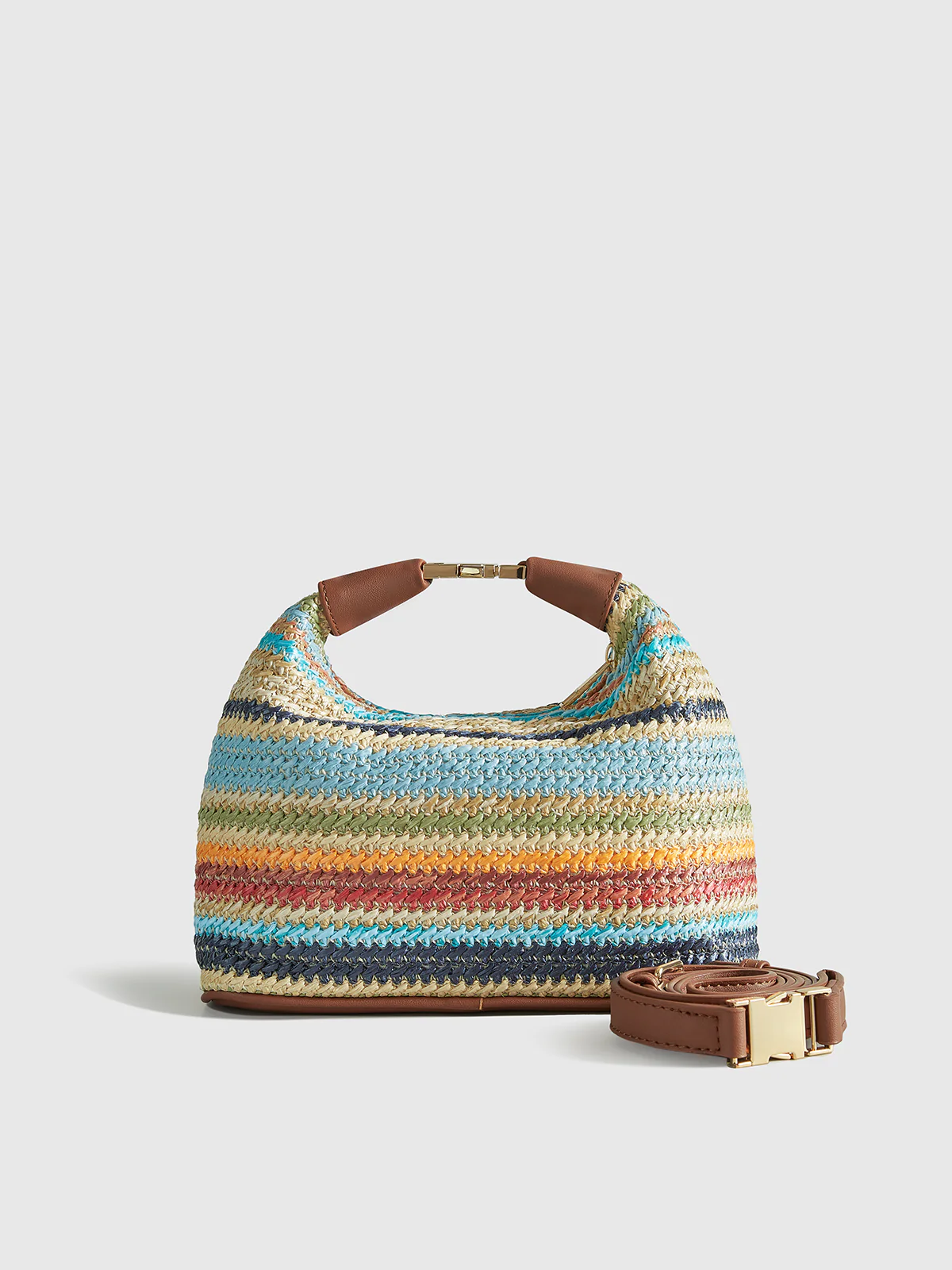 Color-Block Striped Straw Handbag with Leather Strap - Wholesalesil