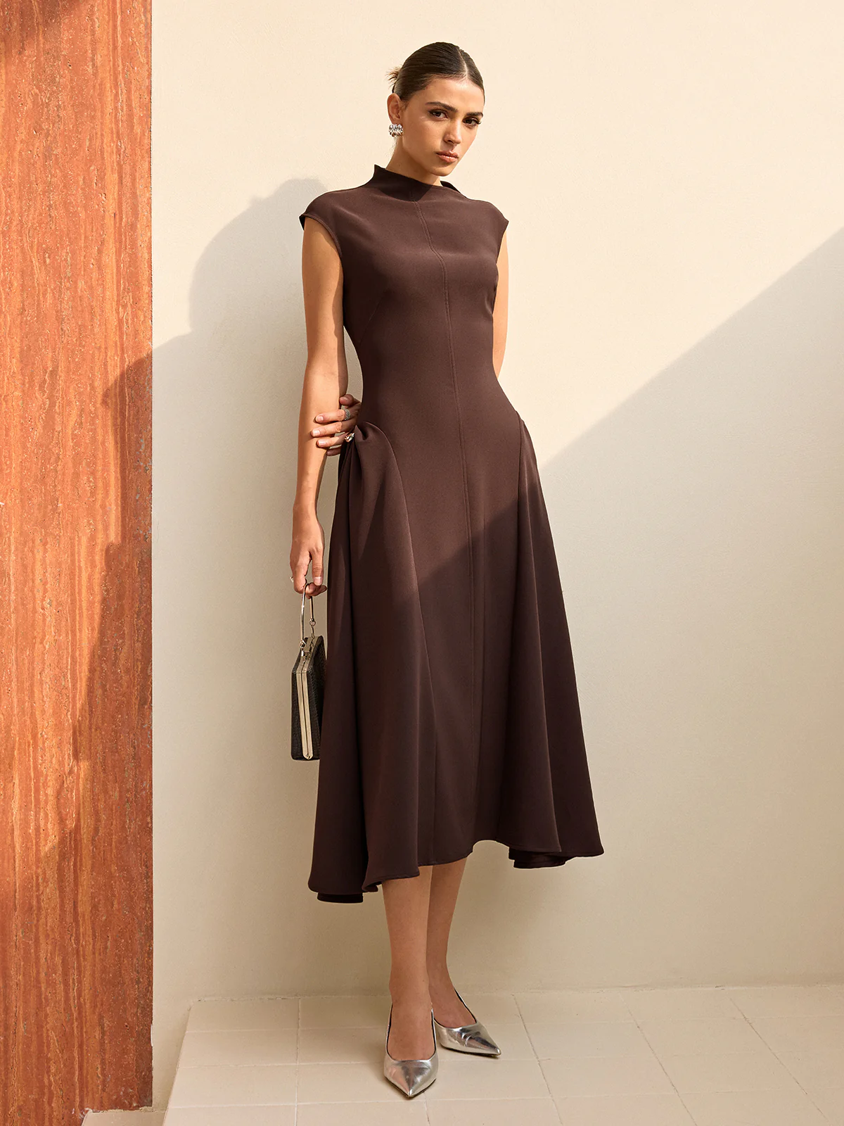 Asymmetrical Neck Cap Sleeve Maxi Dress - Wholesalesil