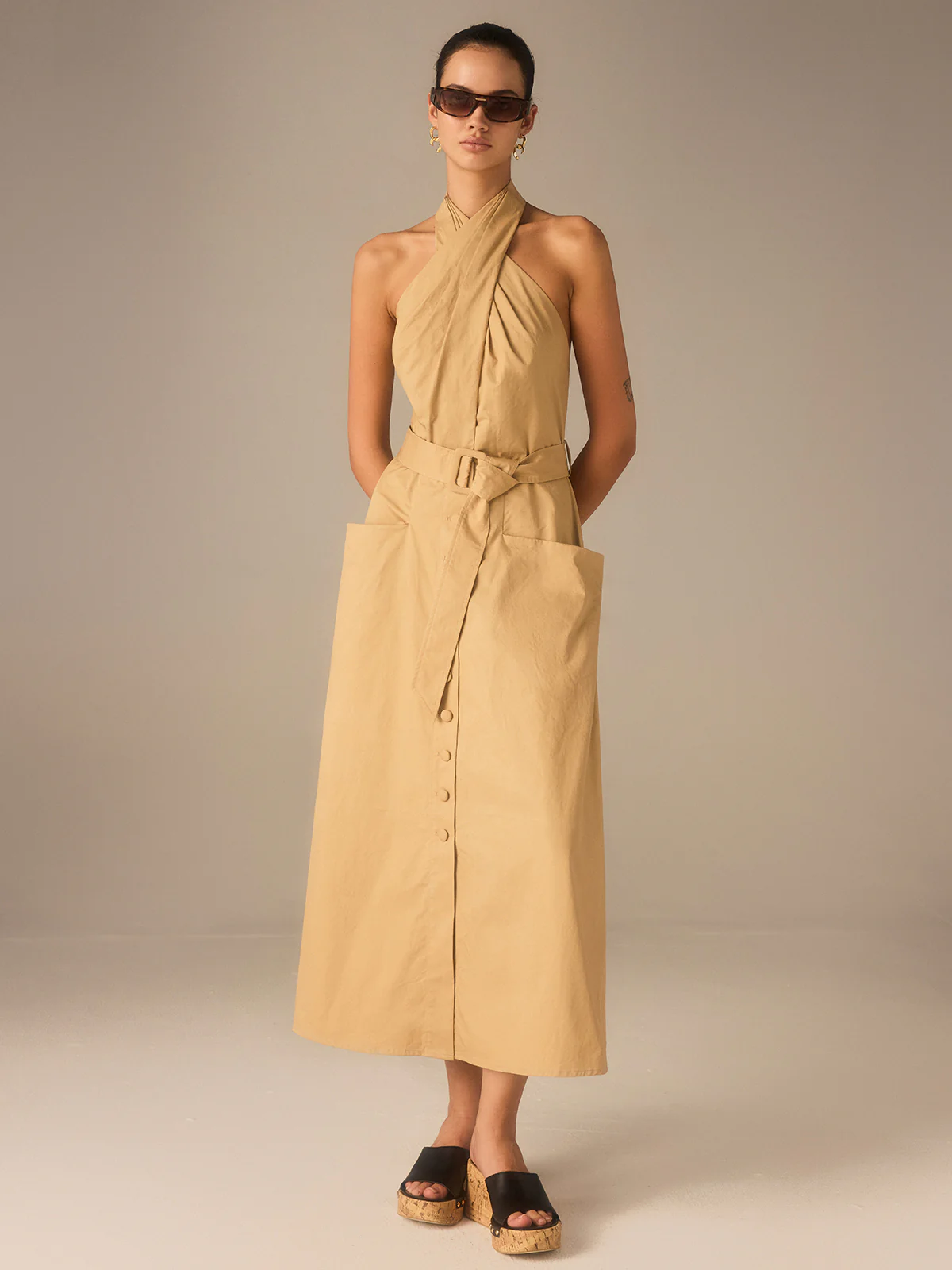 Cotton Pleated Halter Neck Belted Midi Dress - Wholesalesil