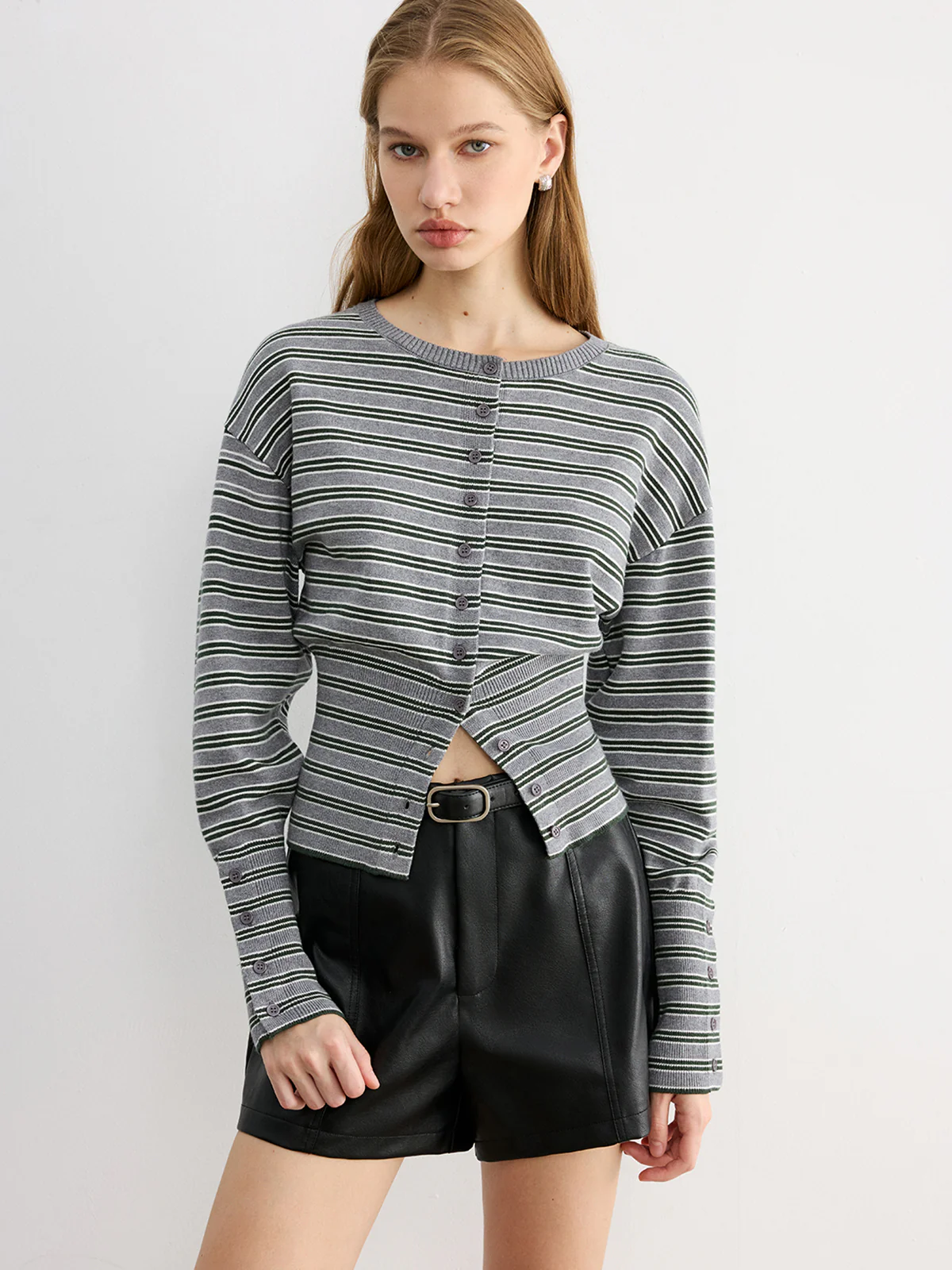 Waist Cinched Stripe Cardigan - Wholesalesil