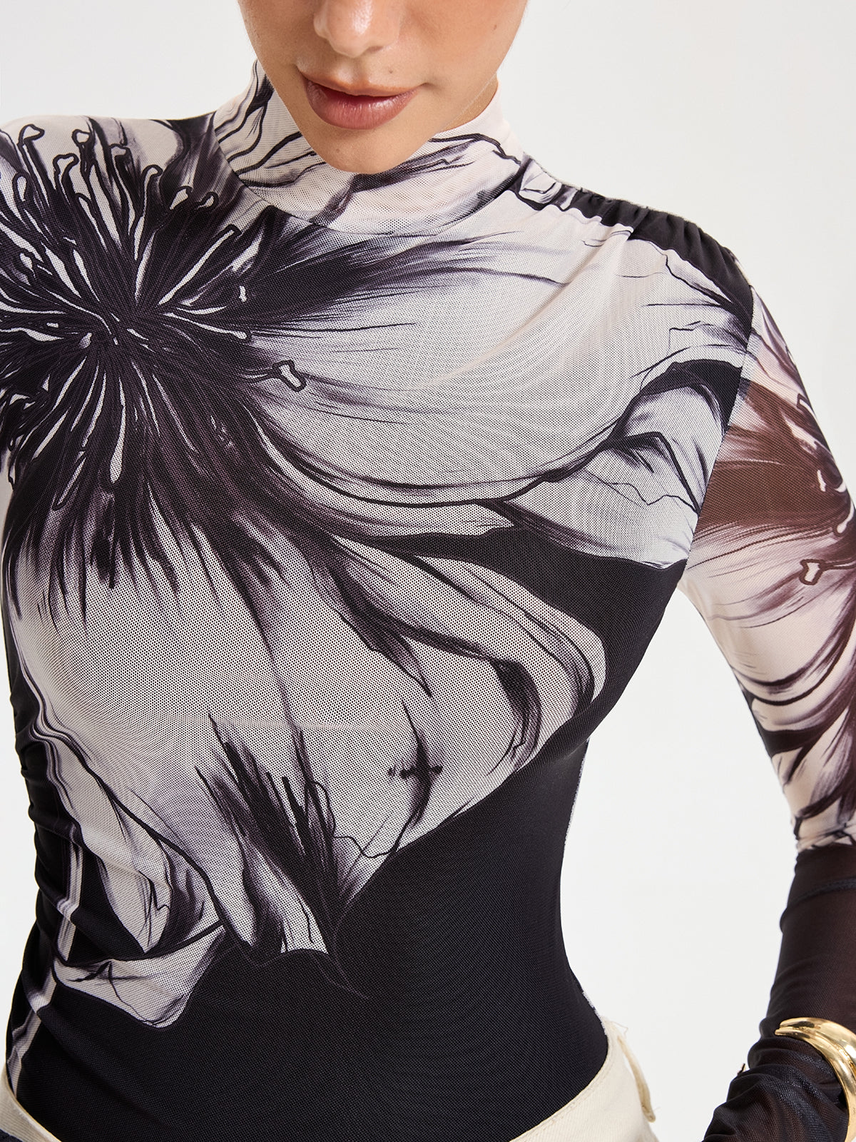 Floral Placement Print Mesh Bodysuit - Wholesalesil