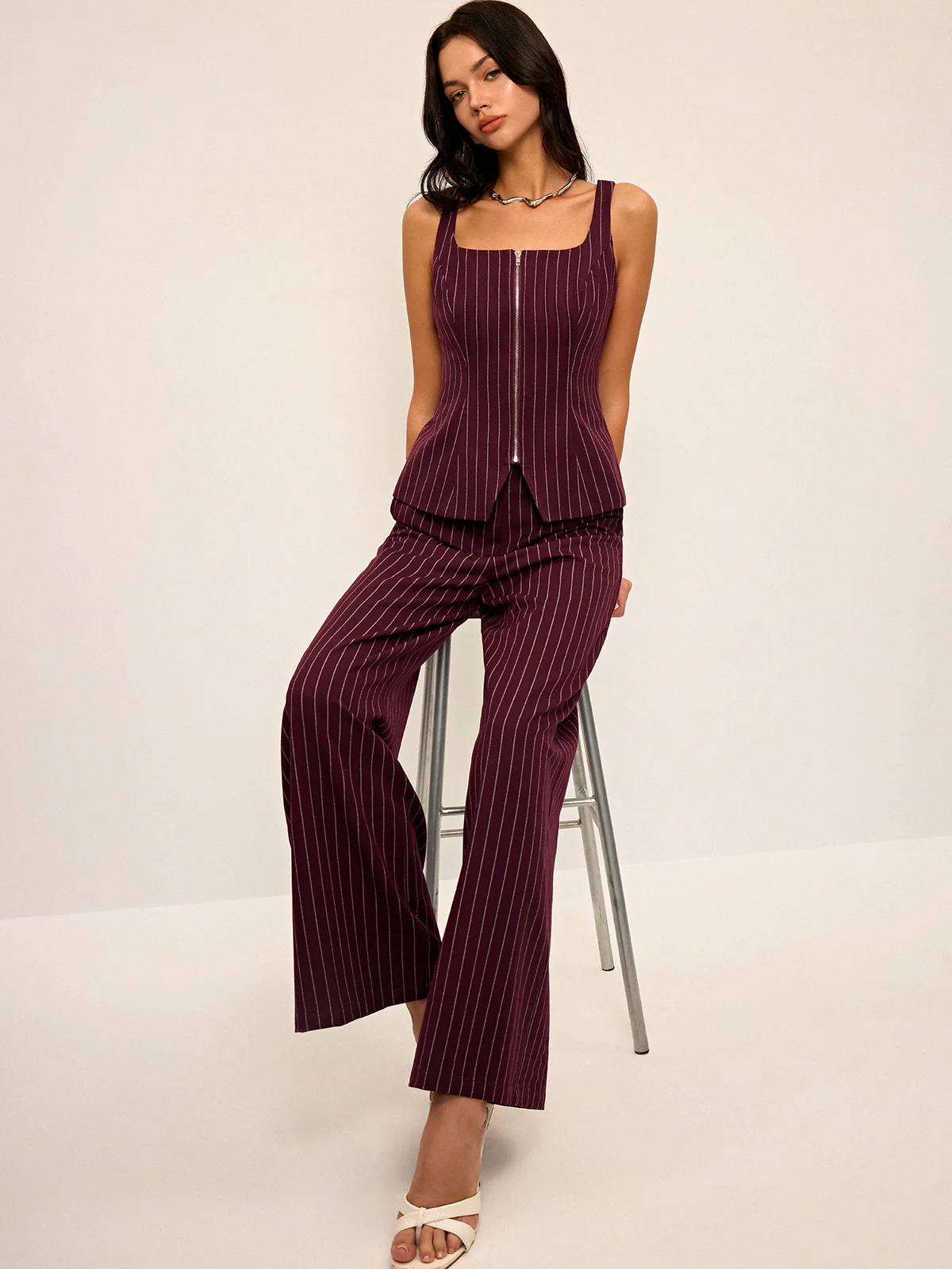 Pinstripe Wide-Leg Straight Pants - Wholesalesil