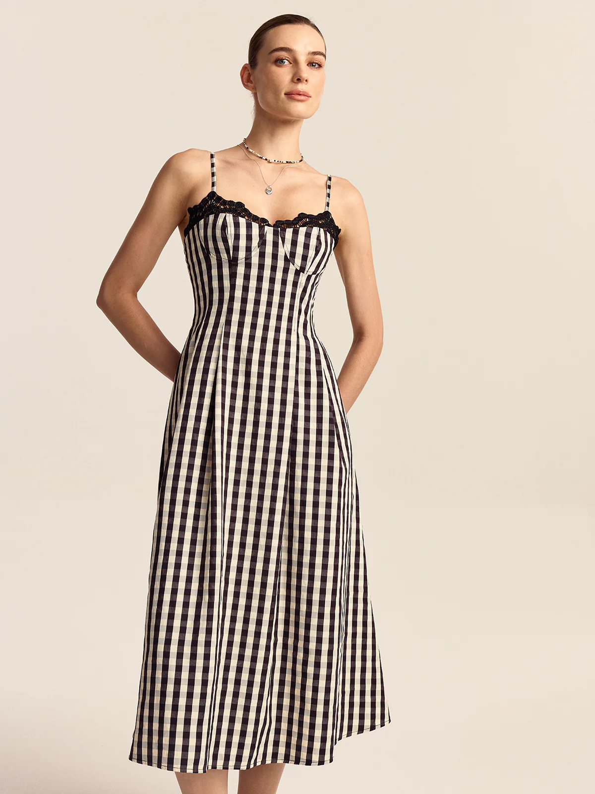 Gingham Spaghetti Strap Midi Dress with Lace Trim - Wholesalesil