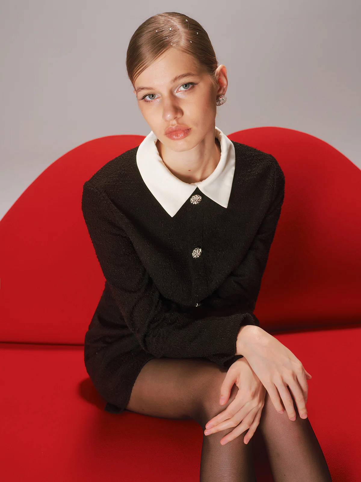 Contrast Collar Tweed Mini Dress - Wholesalesil