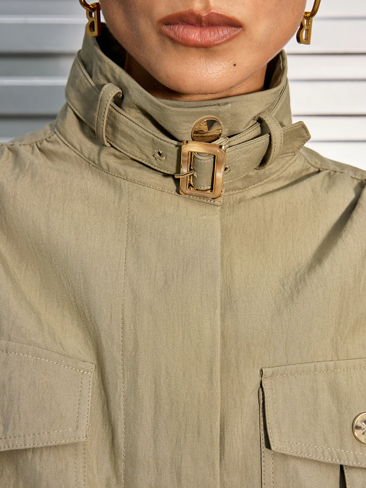 Belted Collar Cotton Blend Cropped Jacket - Wholesalesil