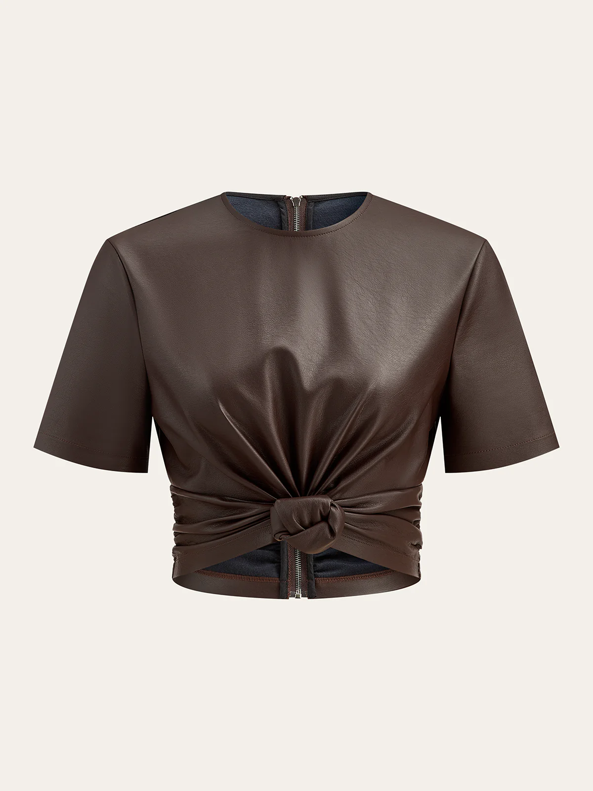 Back Zipper PU Leather Twist T-Shirt - Wholesalesil
