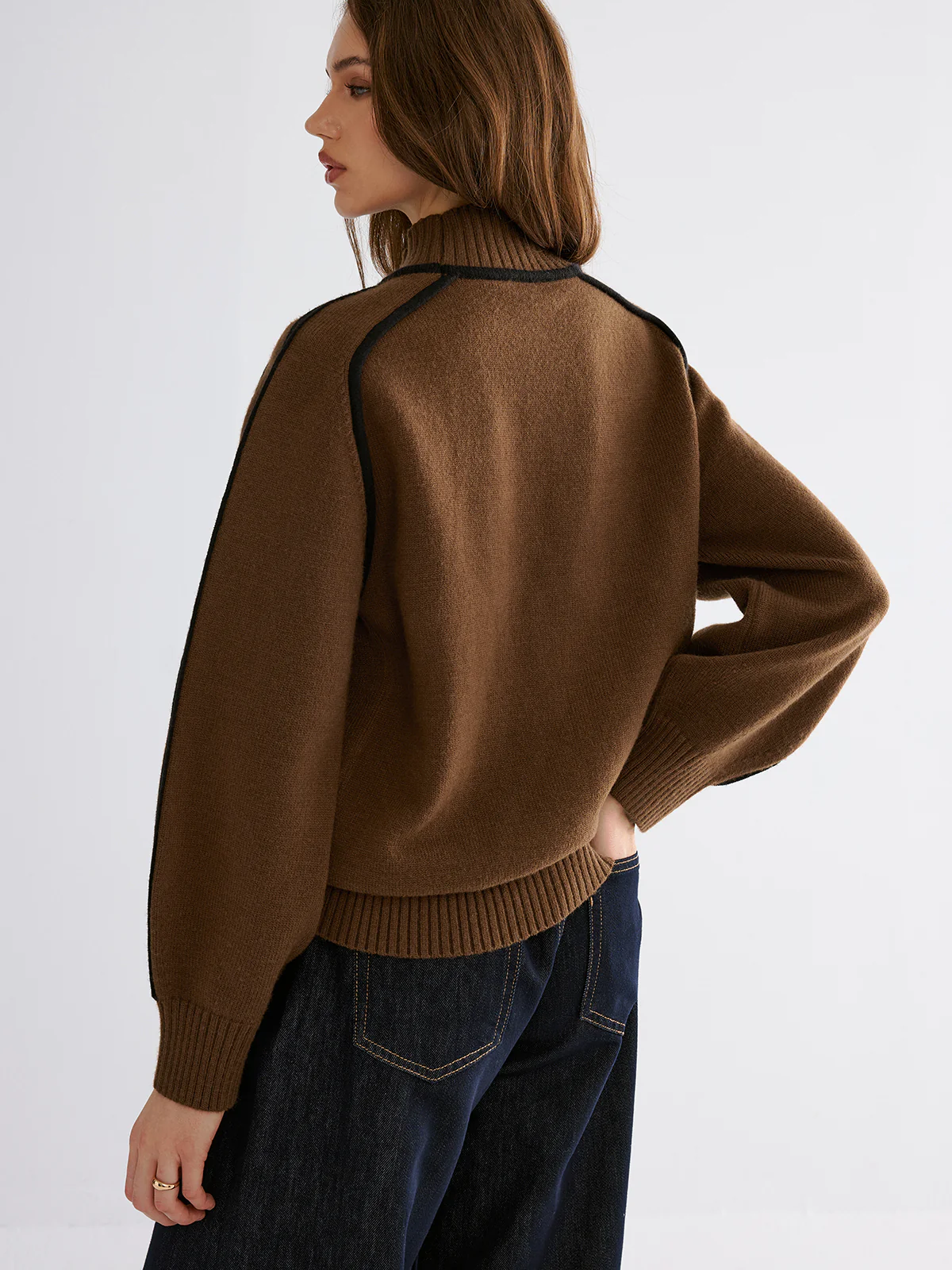 Knit Contrast Binding High Neck Sweater - Wholesalesil
