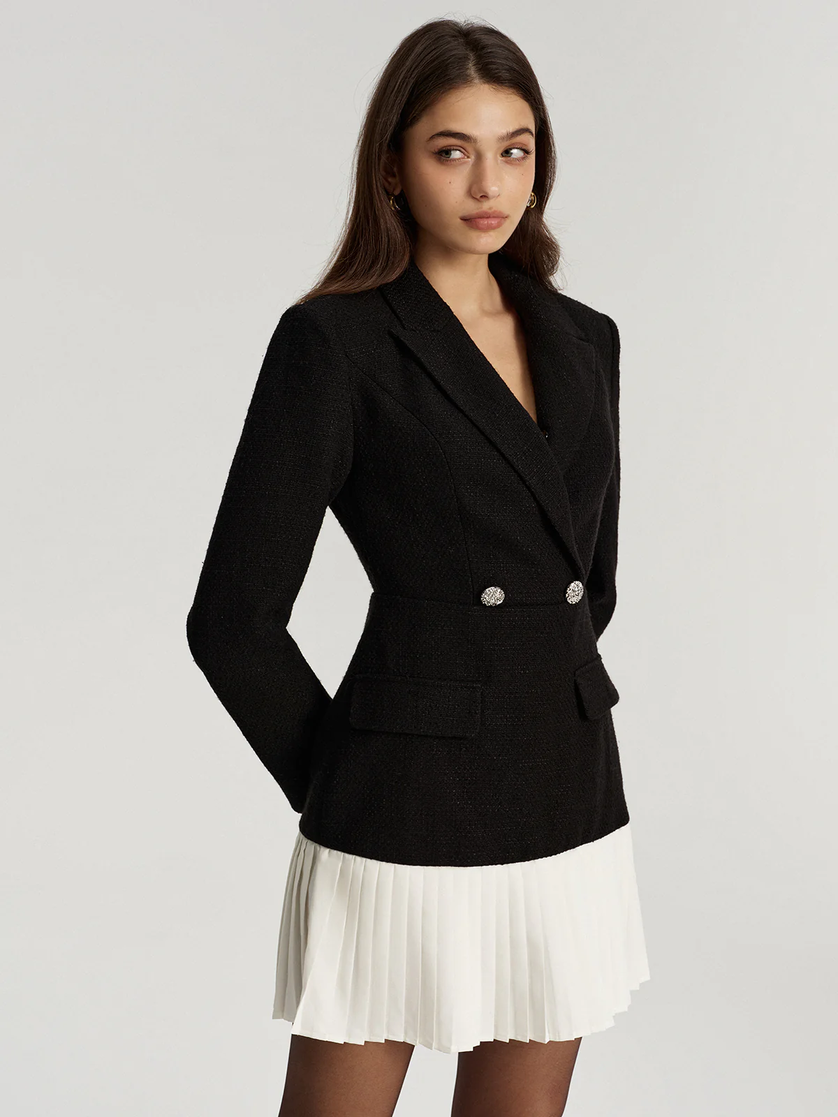 Tweed Double Breasted Pleated Hem Blazer Dress - Wholesalesil