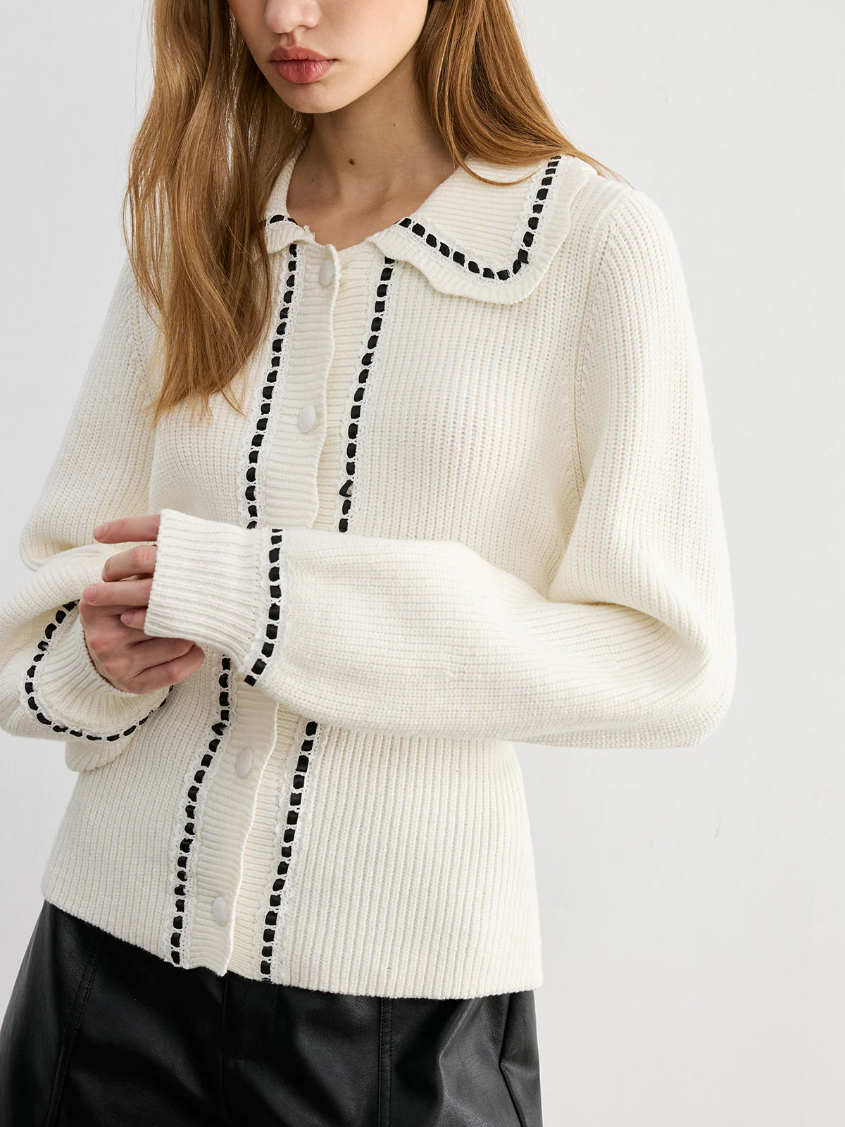 Back Bow Contrast Trim Collared Cardigan - Wholesalesil