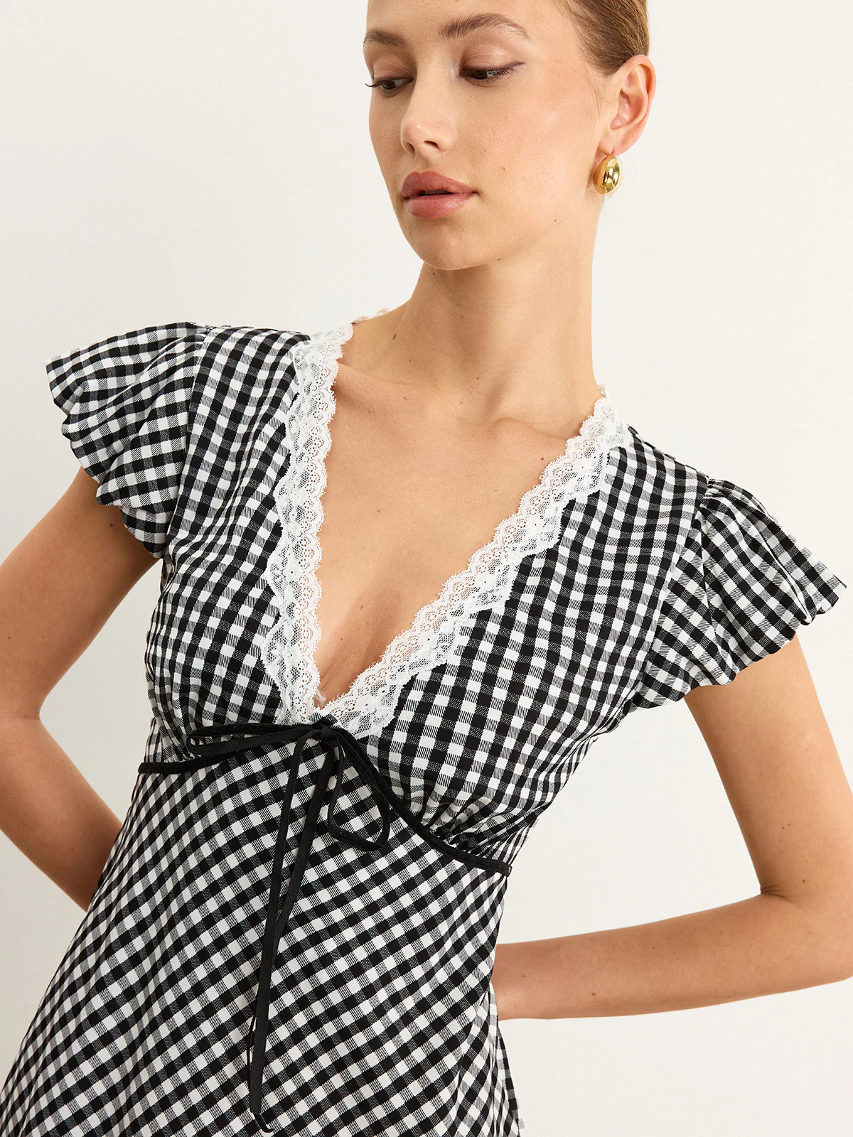 Gingham Lace-Trimmed Midi Dress - Wholesalesil