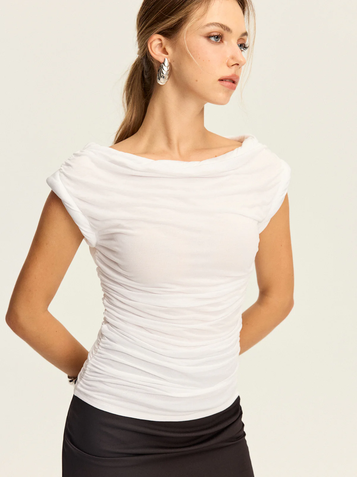 Draped Neck Ruched Top - Wholesalesil
